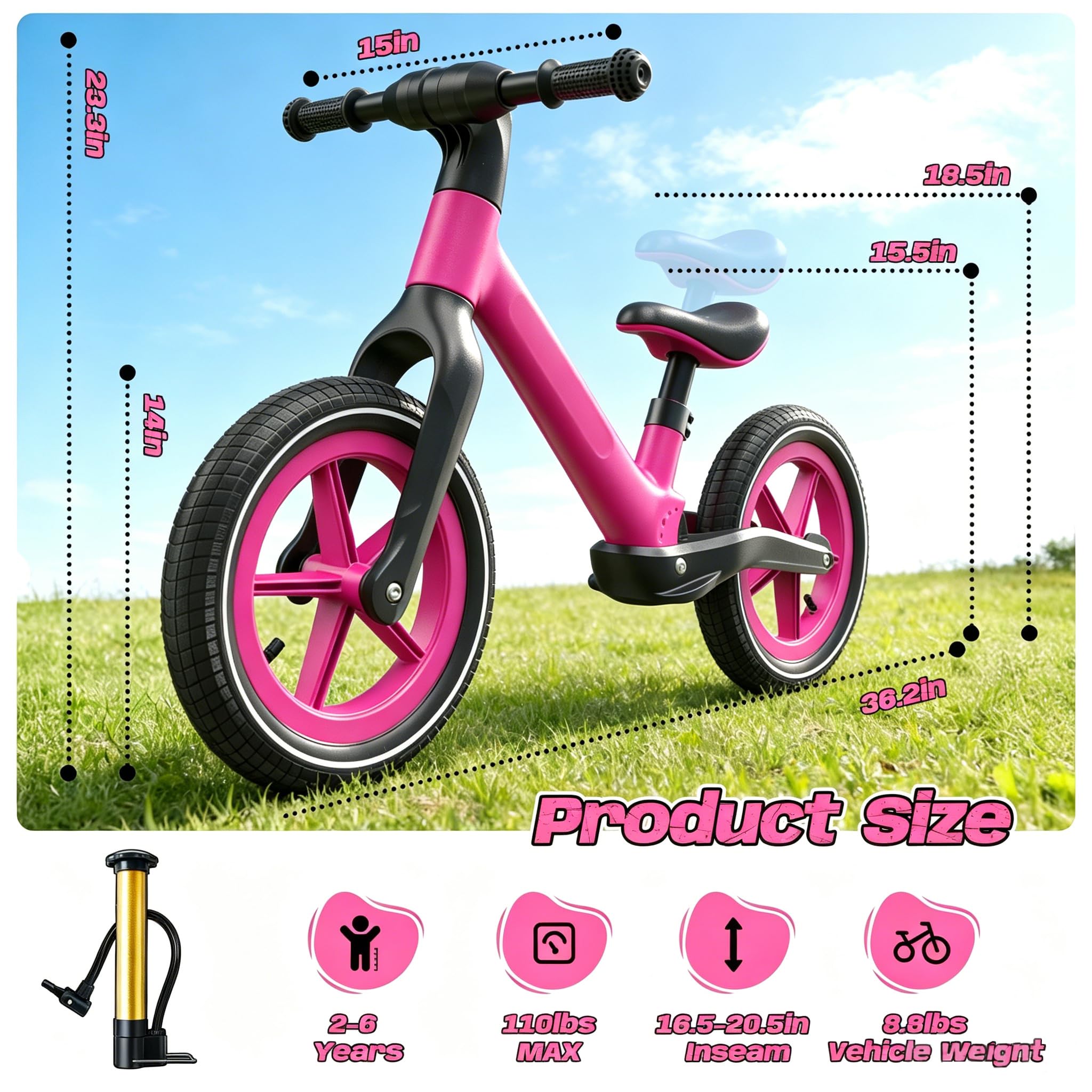 Skirfy 14 Zoll Laufrad,Laufrad ab 2 Jahre,Höhenverstellbarer Satte Fahrrad für Jungen und Mädchen von 2 bis 5 Jahren
