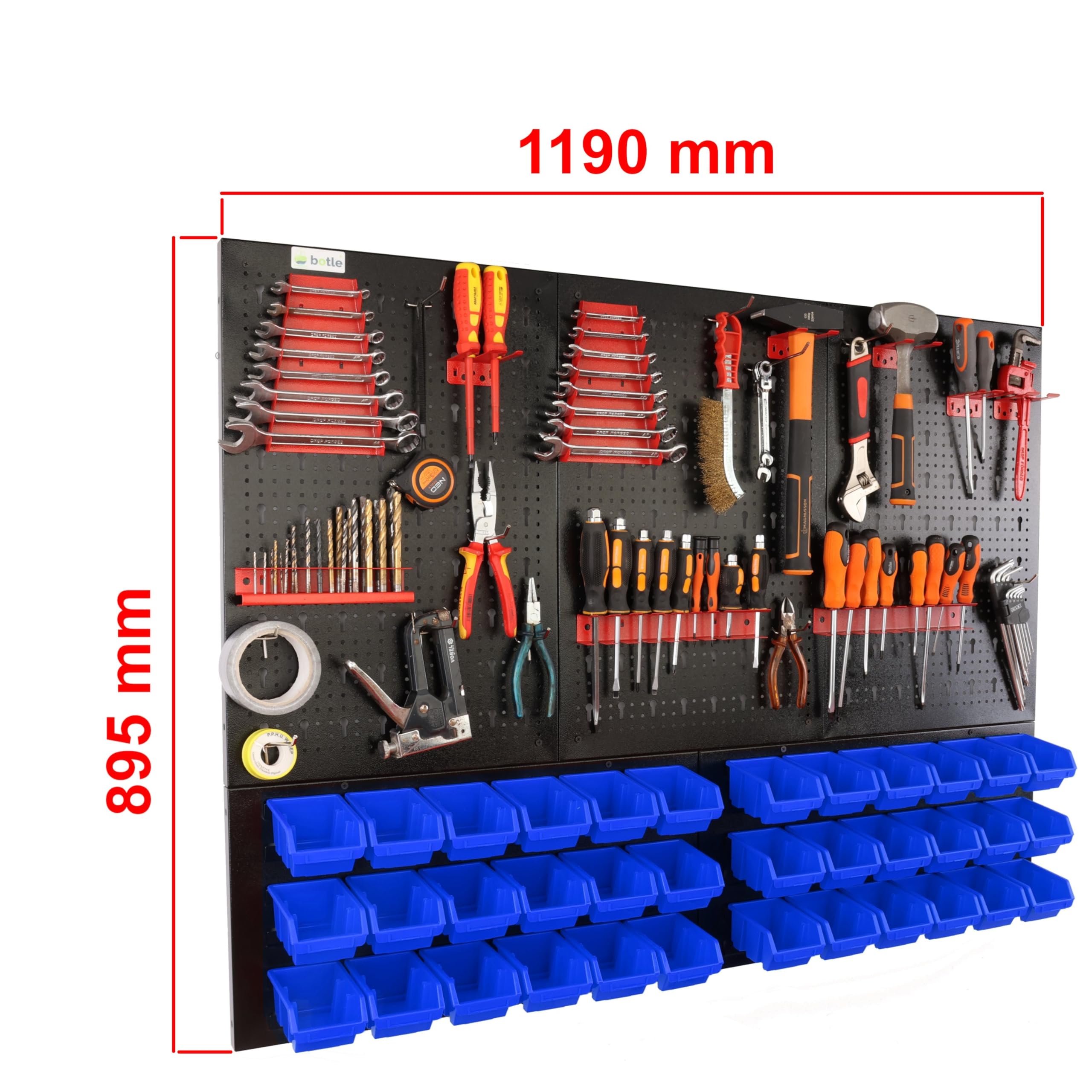 botle® Werkzeugwand Lochwand aus Metall, Stapelboxen + Wandregal + Werkzeughalter 63-tlg Set, Kleinteilelager, Wandwerkstatt mit 36 stapelbaren Blau Behältern, Hängeregal Sortierregal