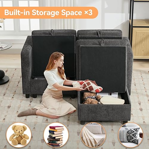 Miniatura 4 de 58”Modular Sectional Loveseat Sofa with Storage, Comfy Office L Shaped Sofa Couch, Chenille Love Seat Modular Sectional Couch with Movable Ottoman
