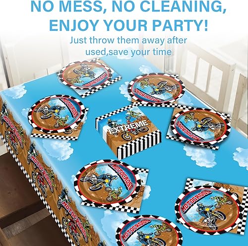 Miniatura 6 de Suministros para fiesta de cumpleaños de motocross sirve 24 platos de papel para fiesta de motocicleta, juego de servilletas de motocross, kit de