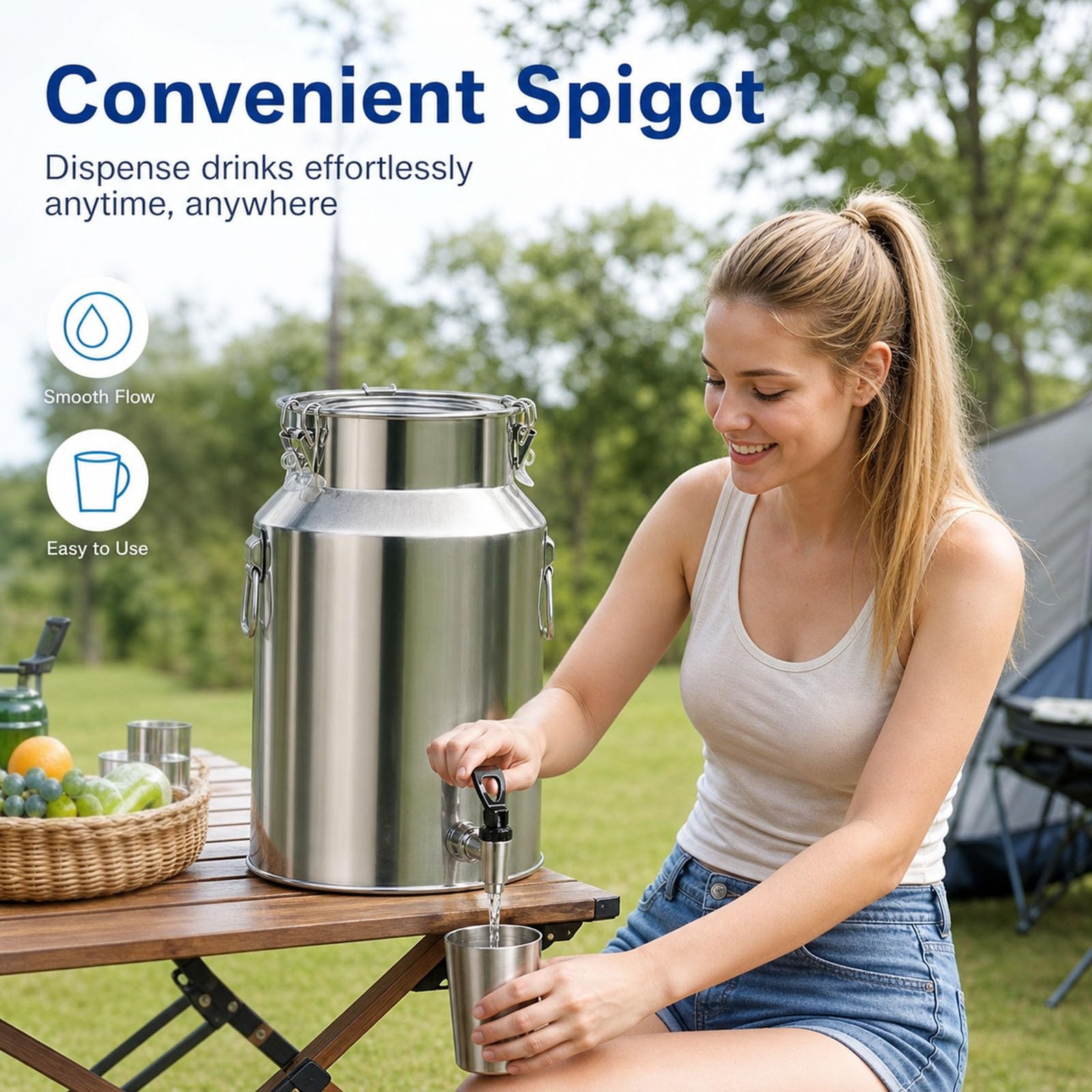 Dispensador de Bebidas Independiente de Acero Inoxidable 304, 5L-88L Cubo Dispensador de Agua con Tapa Hermética y Grifo, Cántaro de Leche Antifugas para Jugo Vino Agua