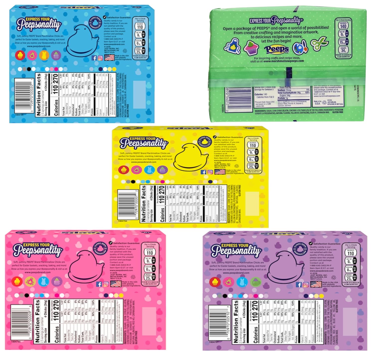 Smiling Sweets Marshmallow Peep Variety Pack - Smiling Sweets - One of Each Color - Blue, Pink, Green, Yellow, and Lavender - Delicious Classic Treats - Perfect for Easter Baskets (Pack of 5)