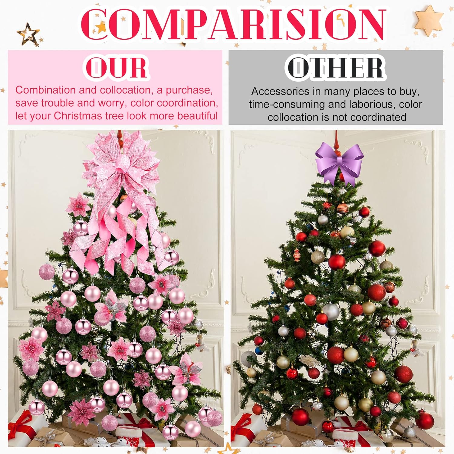 Christmas Tree Decorating Set Includes 37 Pcs Poinsettia Glitter Flowers with Clip, Christmas Ball, Tree Topper Bow for Home Decoration (Pink)