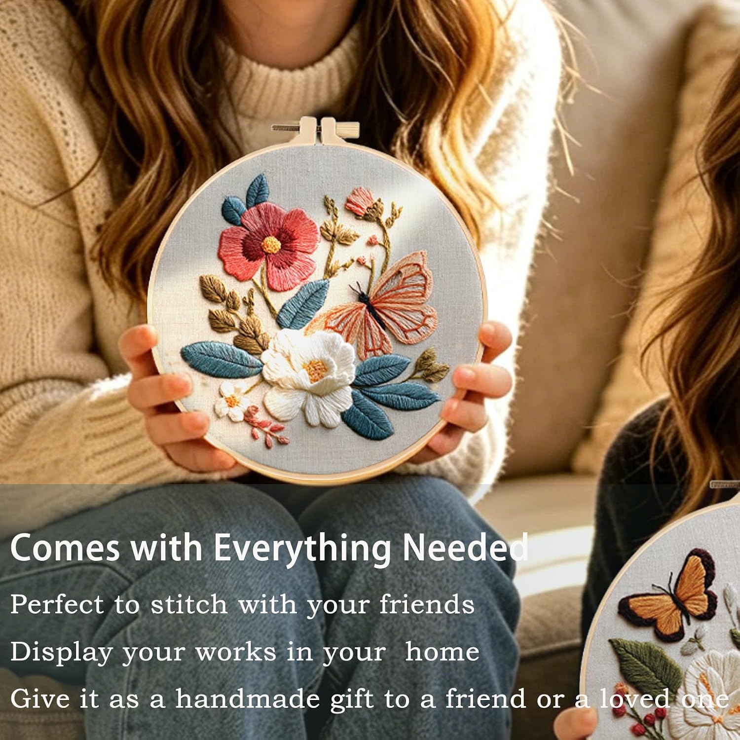 FONNUY Boho Floral Embroidery Kit, Pre-Stamped Butterfly Frolicking in Blooms Patterns Kits for Adults and Beginners, Handmade DIY Crafts Set, Color Thread Needlework, 8'' Hoop (Blue A3)