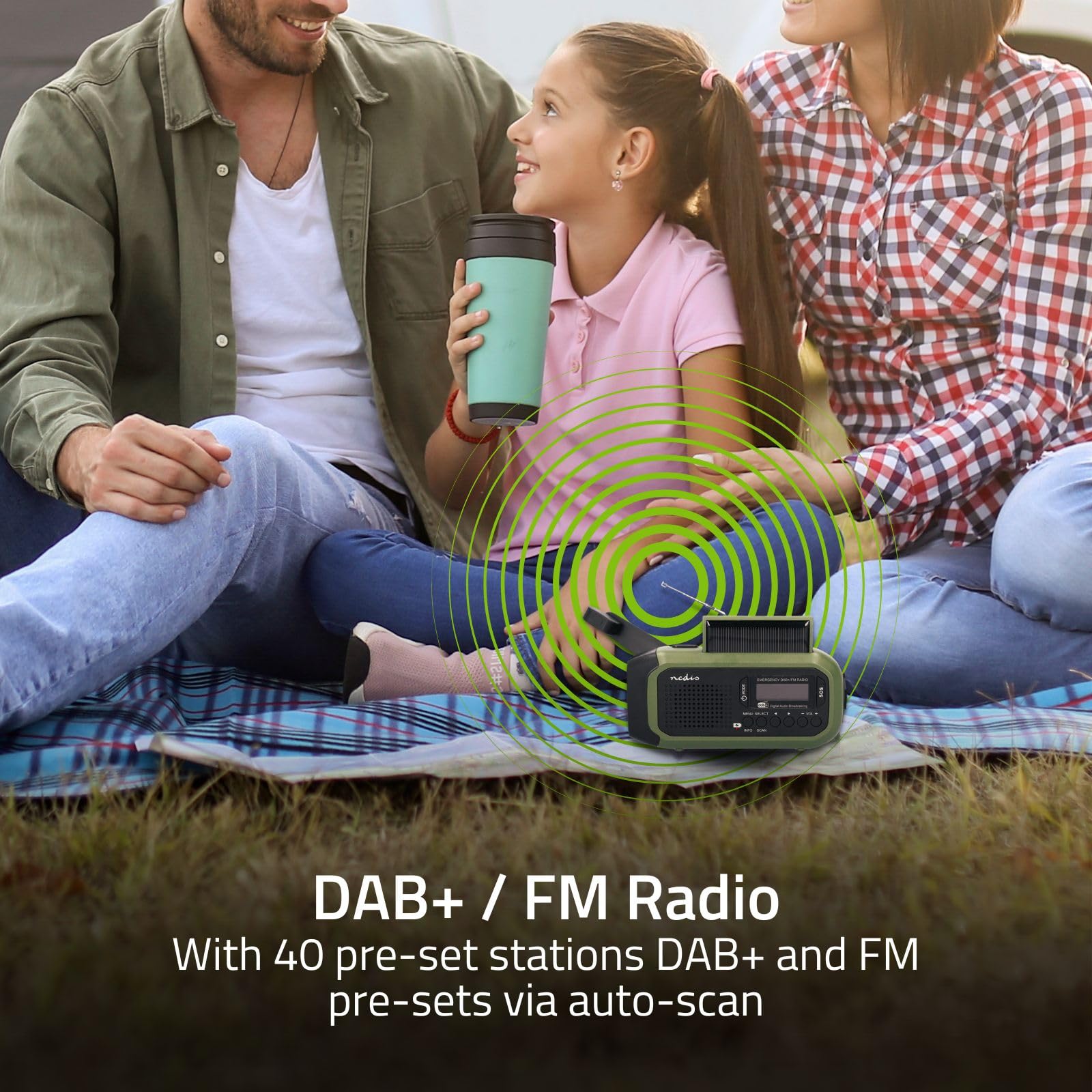 Notfallradio - Tragbare Ausführung - DAB+ / FM - Batteriebetrieben/Handkurbel/Solar Powered/Stromversorgung über USB - Wecker - Grün/Schwarz