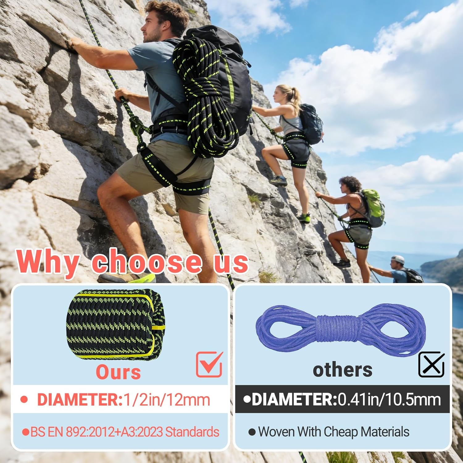 10.5mm/12.7mm Static Climbing Rope 32FT to 150FT, 3825lbs-9000lbs High Strength Rock Climbing Rope, Arborist Bull Rope For Rappelling Tree Work, Hiking Camping, Fire Rescue, Caving,Sailing,Swing