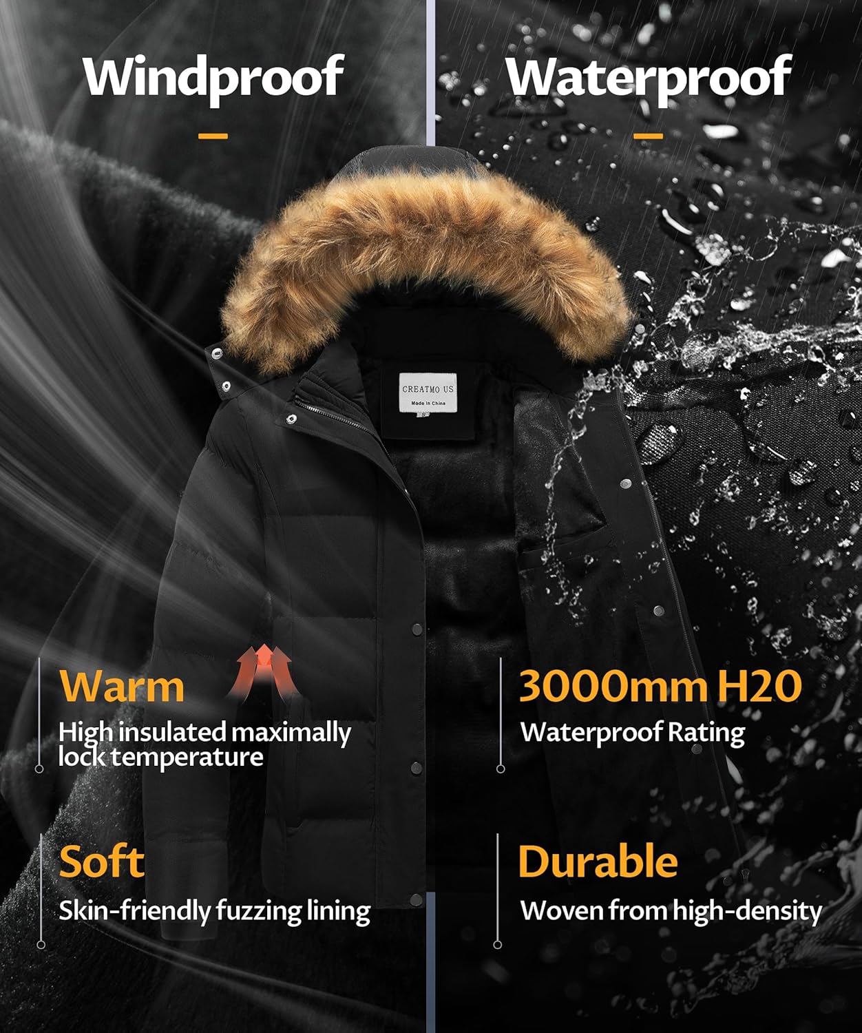 CREATMO US Women's Winter Jacket Warm Thicken Quilted Puffy Jackets Waterproof Snow Coat with Removable Hood - Image 4