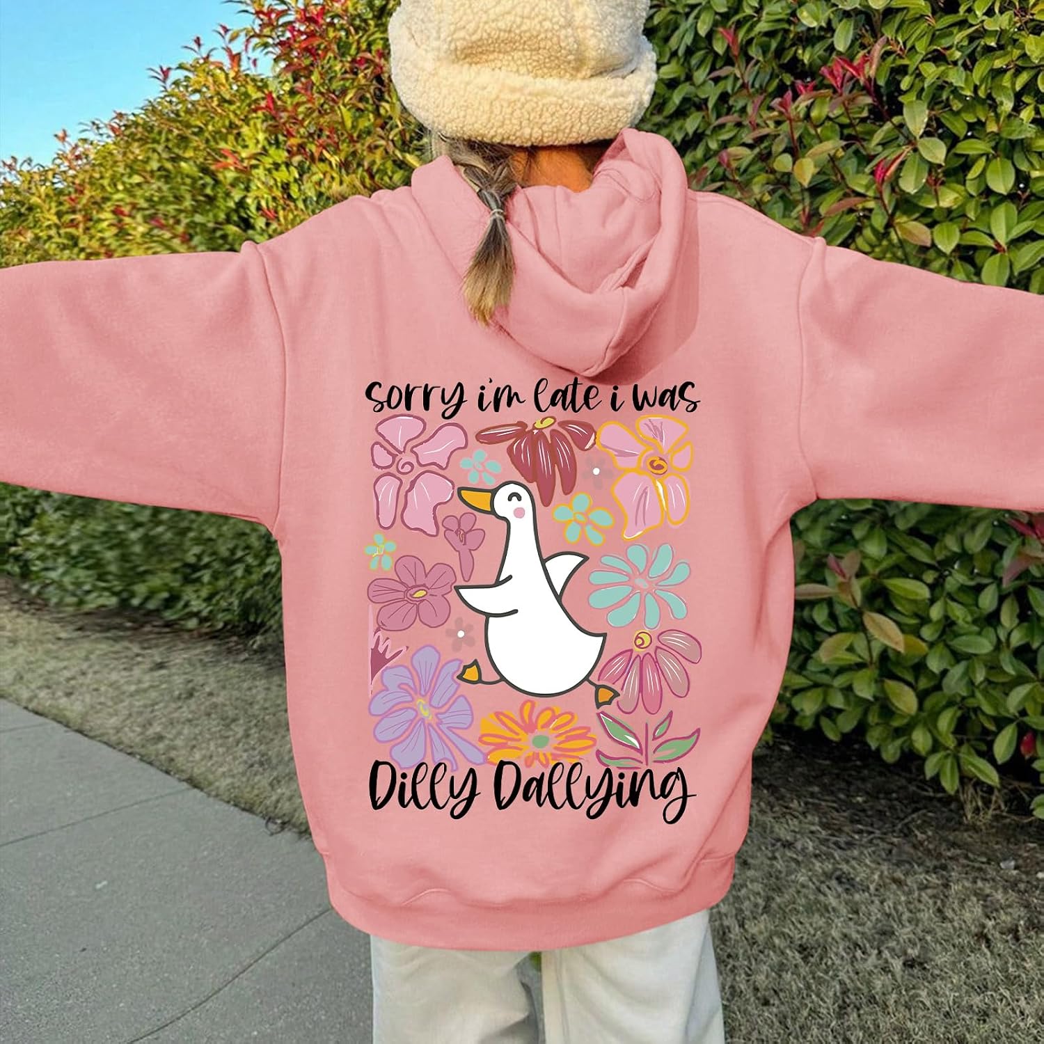 BINTEHGS Funny Silly Goose Hoodie for Teen Cute Flower Graphic Hooded Sweatshirt Kawaii Duck Print Tops Fleece Sweaters