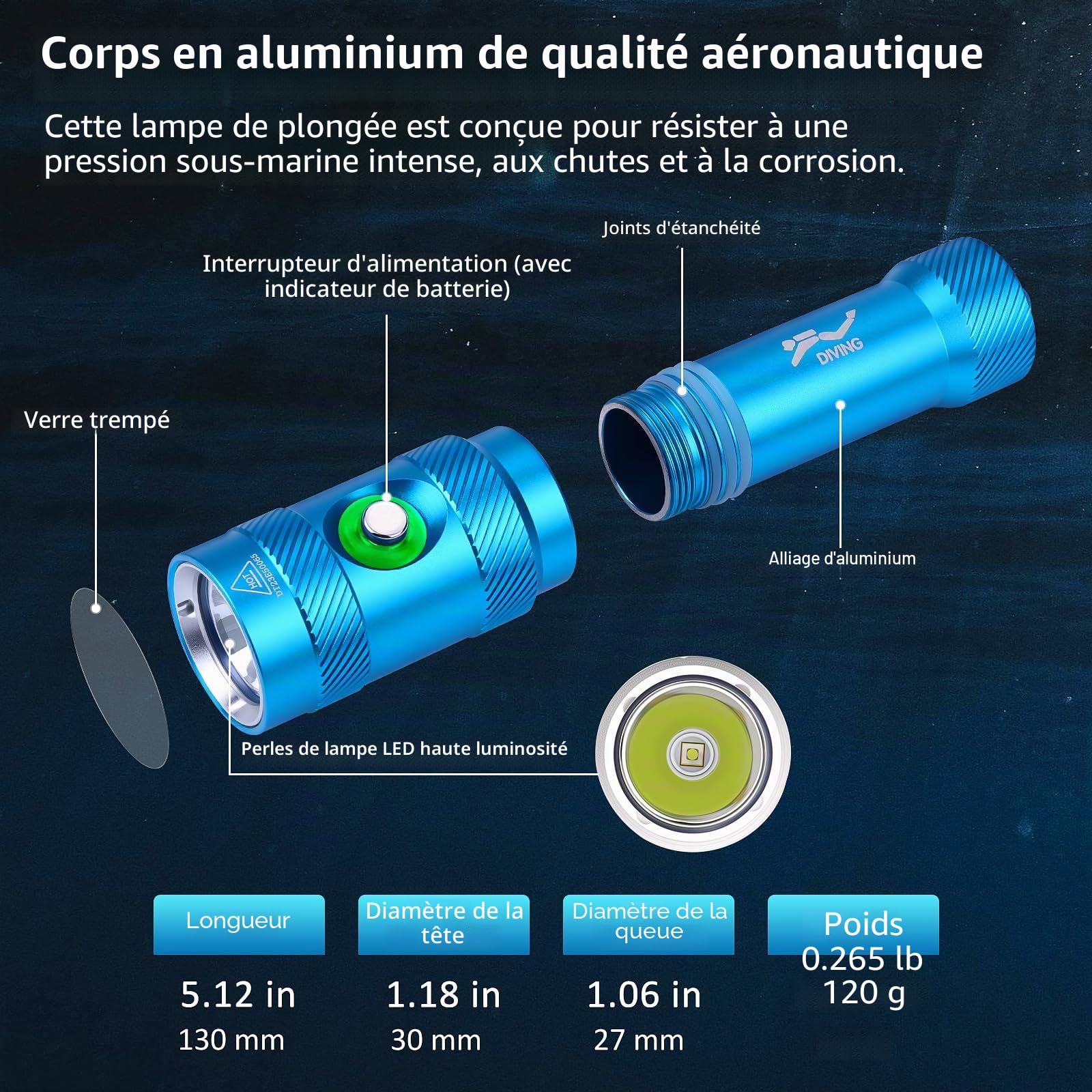 Windfire Lumière de Plongée 6000 LM Lampe de Poche Sous-Marine 3 Modes Indicateur de Puissance, Professionnelle IP68 Lampe de Poche Étanche Rechargeable