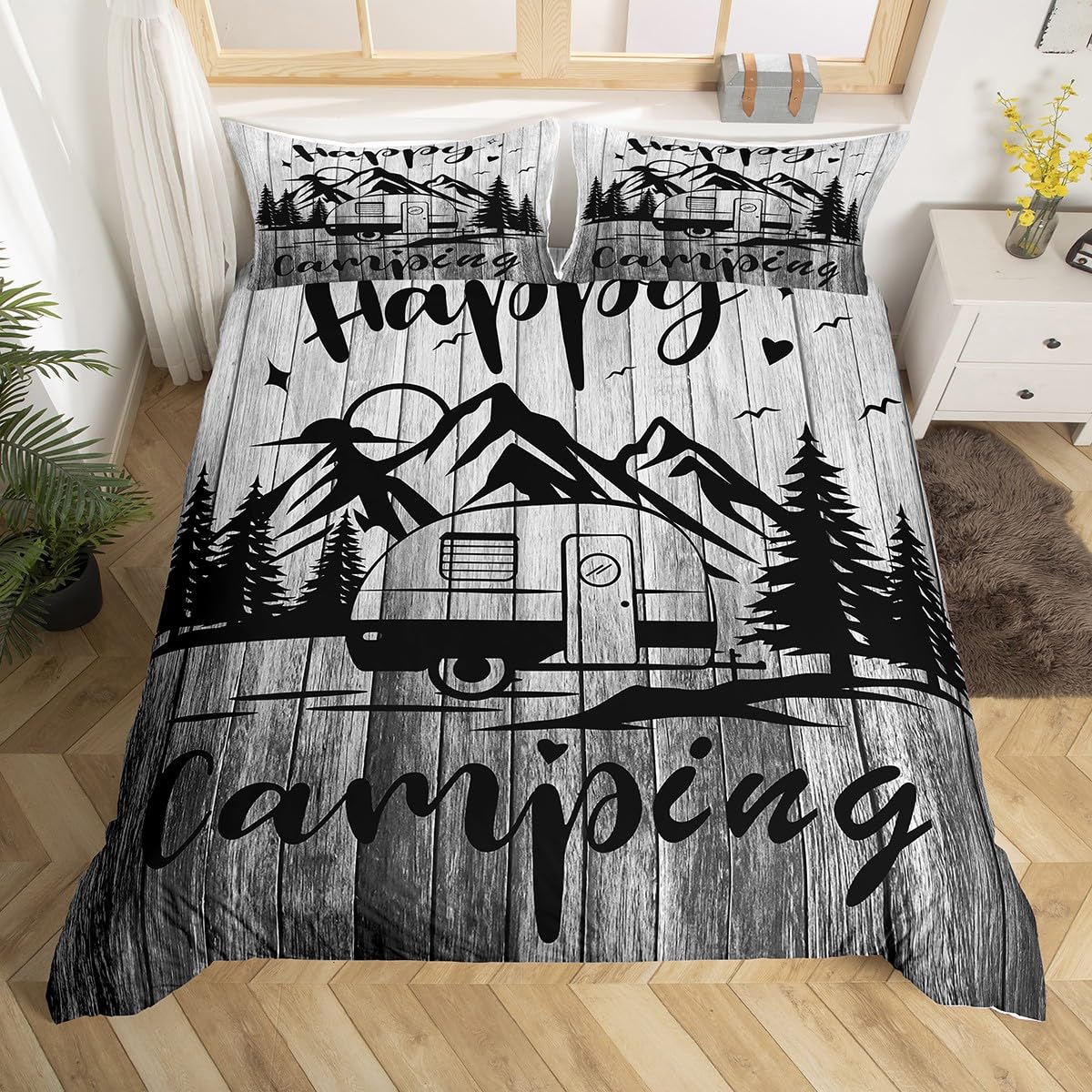 Happy Camping Bedding Set King Size, RV Camping Comforter Cover Kids Camping Duvet Cover Vintage Bedspread Cover 3Pcs Bedclothes