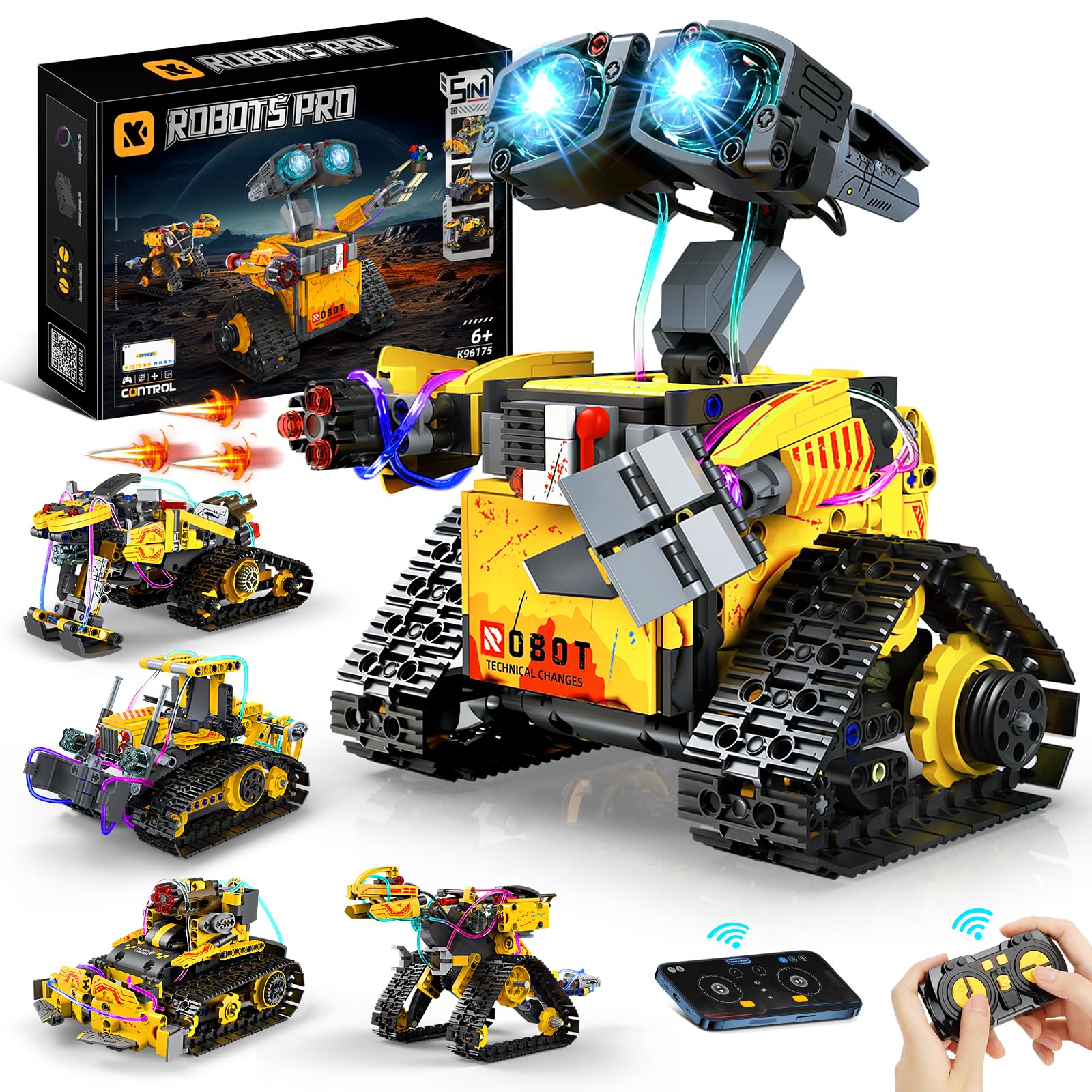 YOOHBERRYS Technic Robot Telecomandati per Bambini, 5-in-1 Kit di Costruzione di Robot Programmabile con App e Telecomando, Regalo Educativo per Ragazzi e Ragazze Dagli 6 ai 12 anni (Giallo)