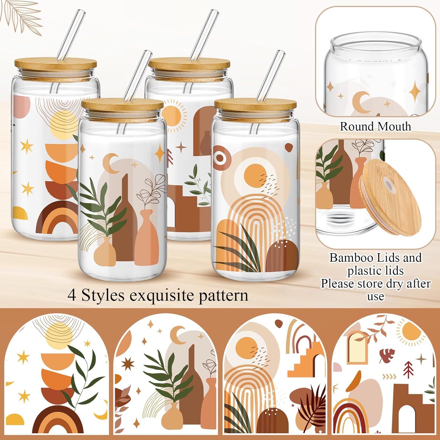 Mumufy 4 Pack Bohemian Neutral Aesthetic 16 oz Glass Cup Tumbler with Bamboo Lid & Straw, Boho Rainbow Abstract Design Iced Coffee Mugs, Gift for Women Mom Sister Mothers Day Birthday
