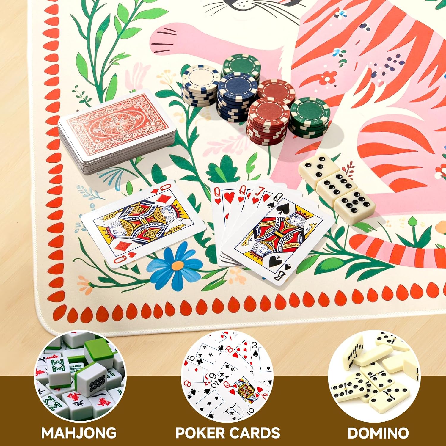 Preppy Pink Chinoiserie Tiger Mahjong Mat with Storage Bag 32 x 32 Inch Non-Slip Mahjong Table Mat Floral Tropical Tile Game Table Cover for Mahjong Poker Cards Board Games Home Decor Gift for Women