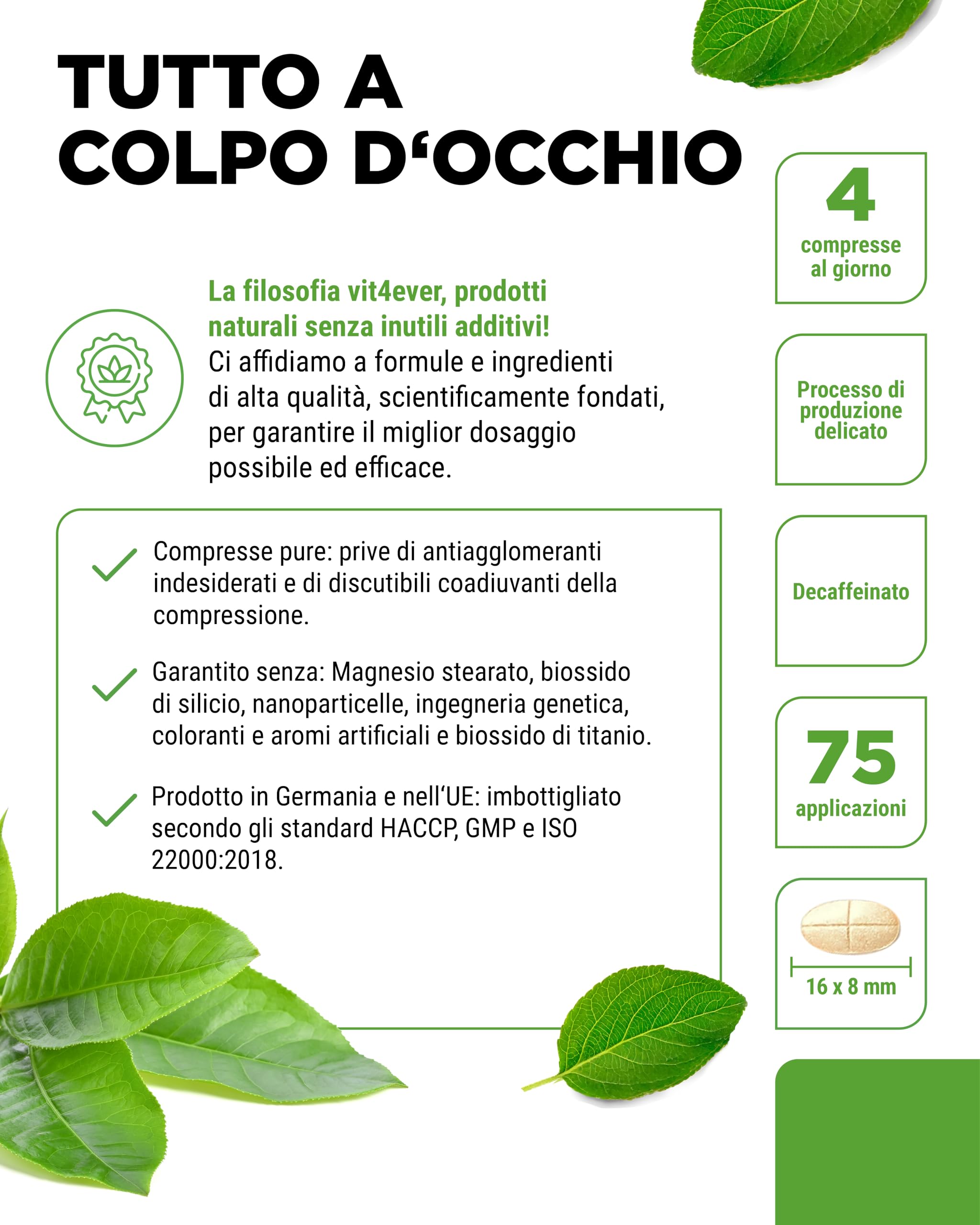 Estratto di tè verde 300 compresse ad alto dosaggio - 2000 mg di estratto di tè verde, 300 mg di EGCG e 1100 mg di polifenoli per dose giornaliera - Tè verde - Vegan