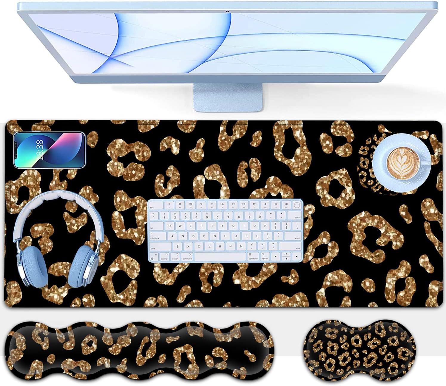 Gold Leopard Desk Pad Set - Extended Gaming Mouse Pad+ Ergonomics Memory Foam Wrist Rest Support, 31.5x11.8in Waterproof Large Mouse Pad for Home Office, Black XXL Mouse Mat