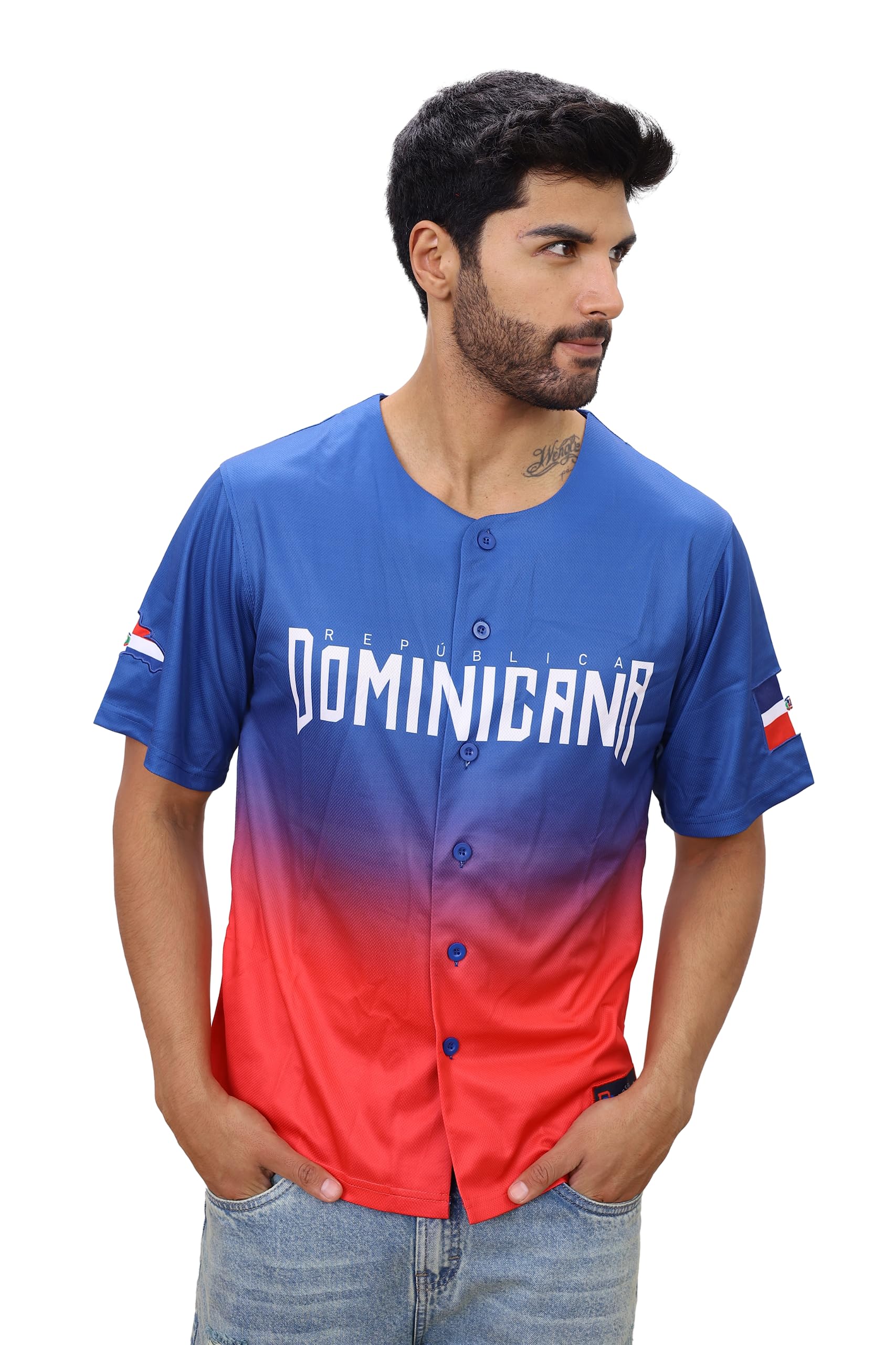 TAINOWEARS Dominikanische Republik Baseballtrikot, Dominikanische Republik, Blau / Rot, Farbverlauf, Knopf, V-Ausschnitt, Trikot, Unisex