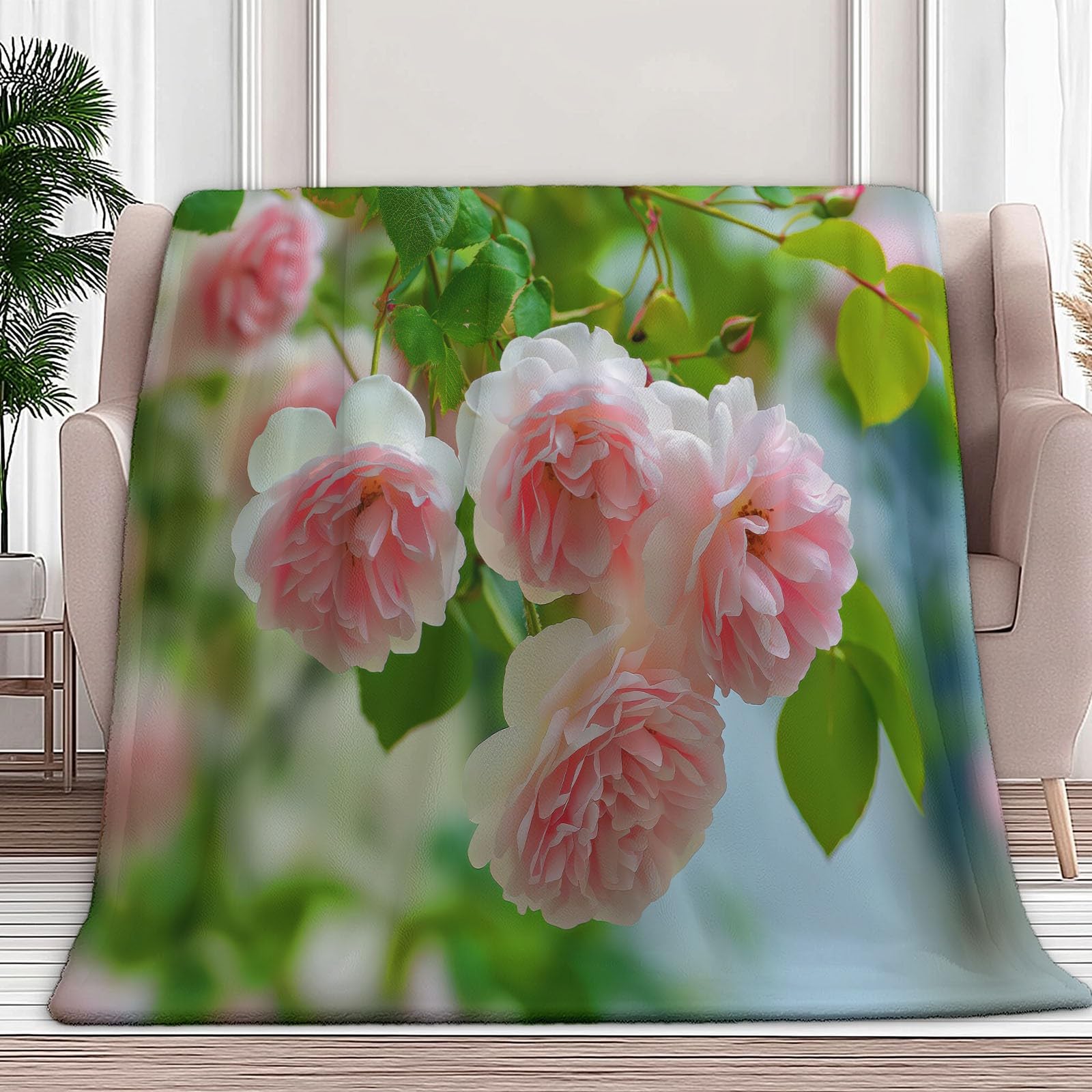 Couverture plaid 200x200 cm en flanelle polaire verte imprimée de roses