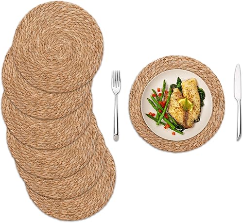 Miniatura 11 de Juego de 4 manteles individuales redondos tejidos de 13.7 pulgadas, manteles individuales bohemios de ratán rústico trenzado de mimbre para platos