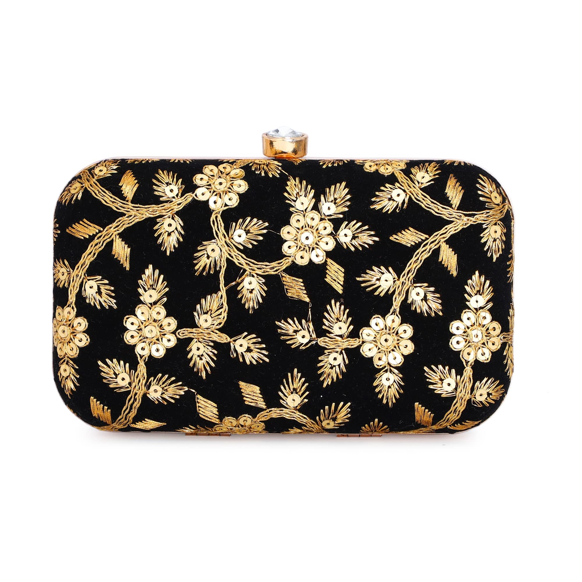 Women Handicraft Hand Embroidered Box Clutch Bag Purse for Bridal, Casual, Wedding (Black Flower)