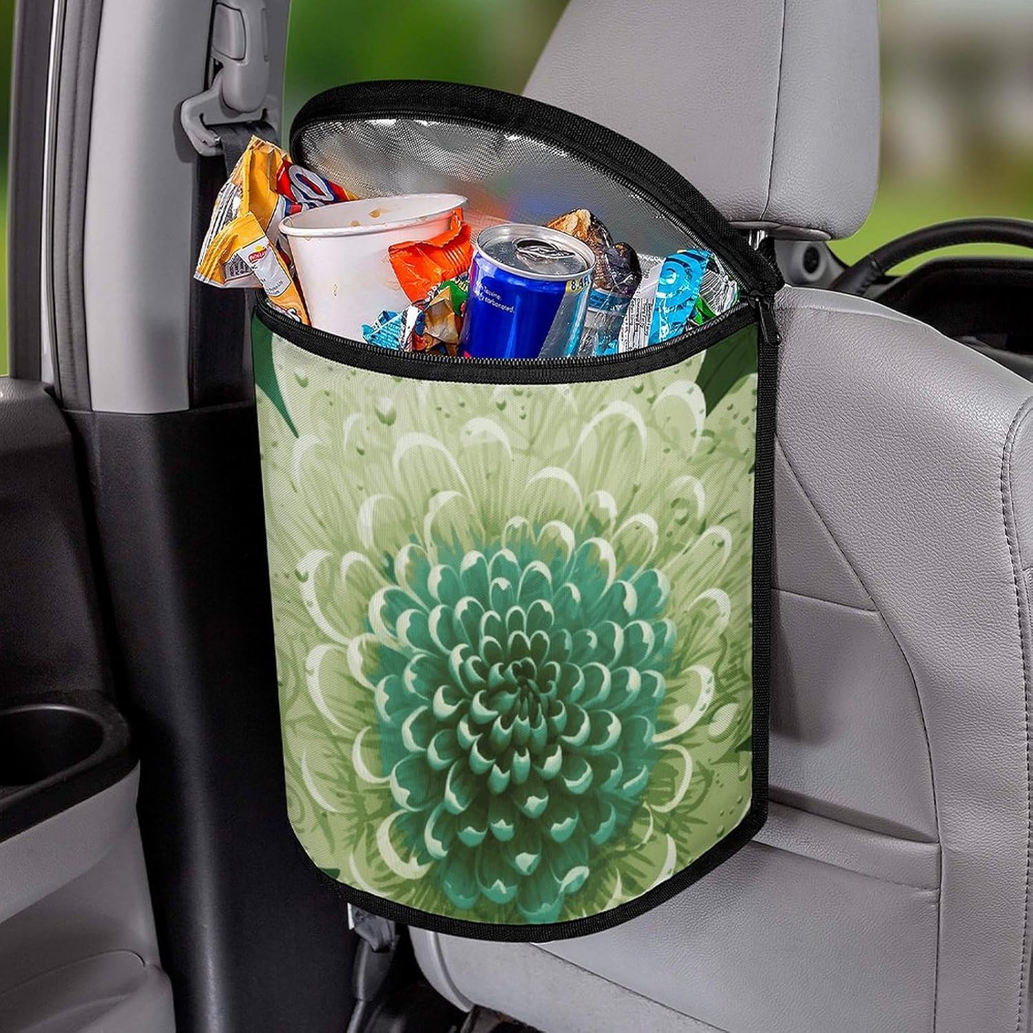 Hanging Car Trash Bag Green Flower Printed Car Garbage Storage Bag Leakproof Car Trash Can Portable Garbage Storage Bags