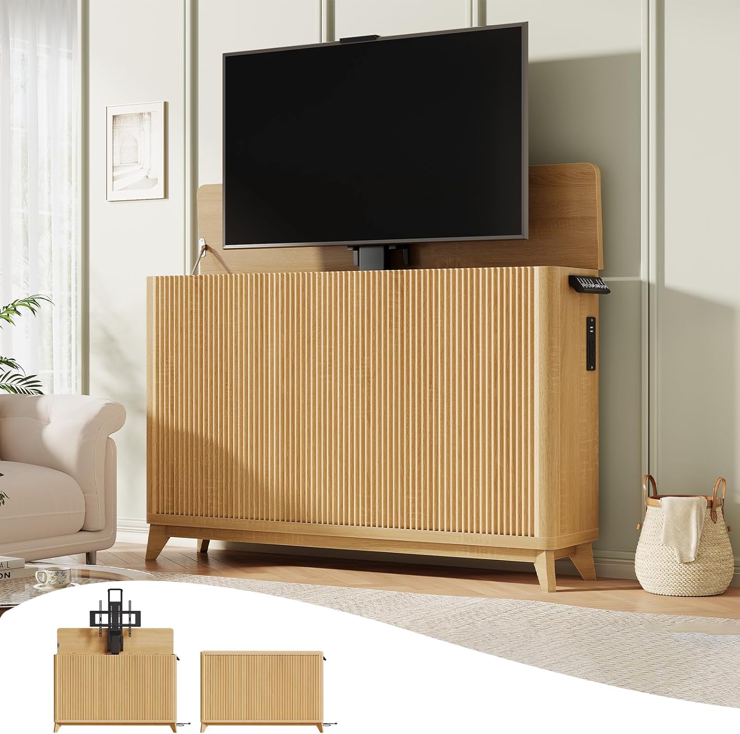 Itaar Motorized TV Lift Cabinet for 32-60 Inch TVs, Modern Fluted Electric TV Lift Stand with 2 Memory Heights, Built-in Outlets & USB Ports, Ultra-Quiet Lift System, Indoor & Outdoor Use, Oak