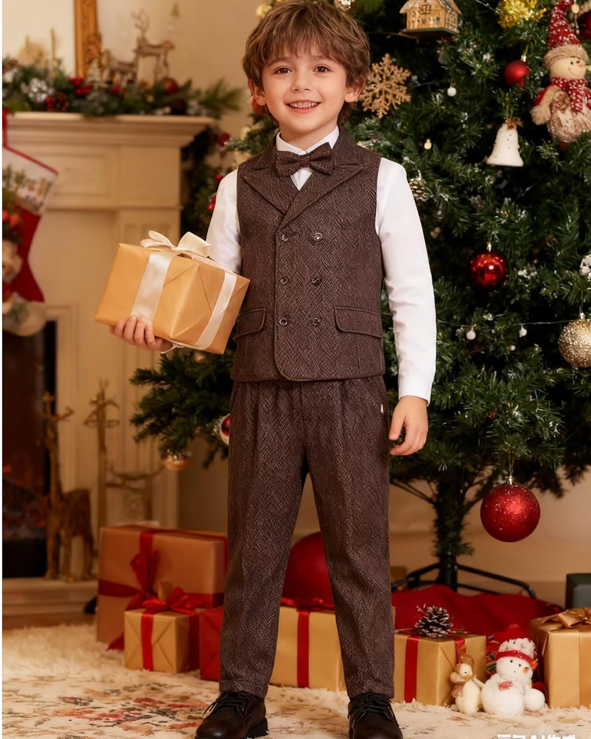 Retro Tweed Boys Suit 3 Piece Slim Fit Herringbone Suits Set Double Breasted Tux Outfit Blazer Jackets Vest Pants for Boy Kid