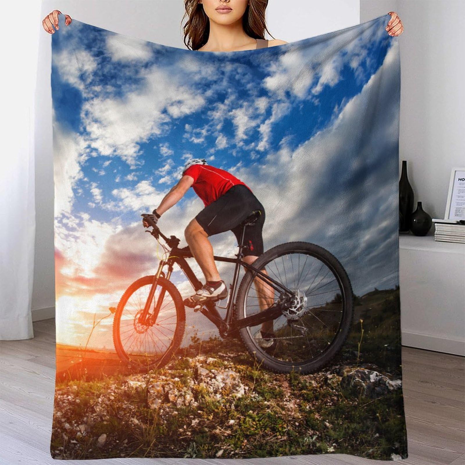 stampa 3D MountainBikeRider coperta microfibra biancheria da letto compatta e morbida coperta da viaggio leggera per studenti in trasferta OutdoorAdventureStyle 70×80inch(180x200cm)