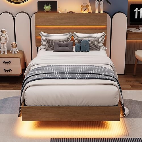 Miniatura 13 de Base de cama flotante tamaño Queen con cabecera LED y estación de carga, base de cama de plataforma de metal con almacenamiento, control remoto,