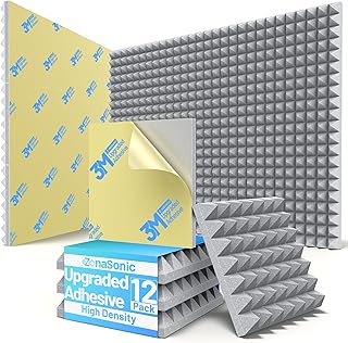 12 Pack Pyramid Sound Proof Foam Panels for Walls with Updated Self-Adhesive 2"X12"X12" High Density Acoustic Panels Sound Absorbing Fast-Expanding Soundproof Wall Panels for Gaming Studio Decor- Gray