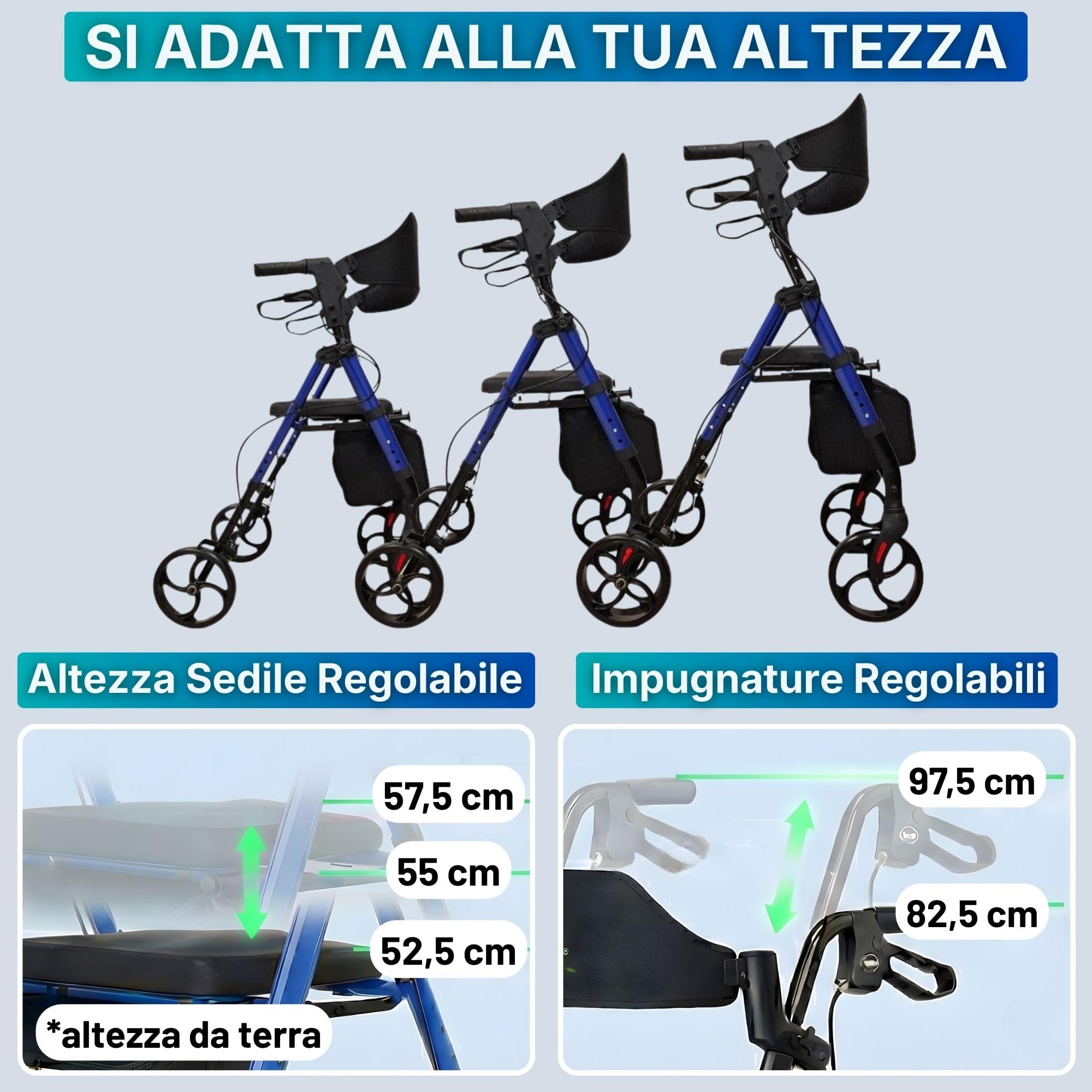TERMIGEA RO31 - Deambulatore per Anziani con Seduta, Carrello per Anziani per Camminare Regolabile e Pieghevole in Alluminio Leggero (Portata 130KG) Dotato di Freni Classici e Freno di Stazionamento