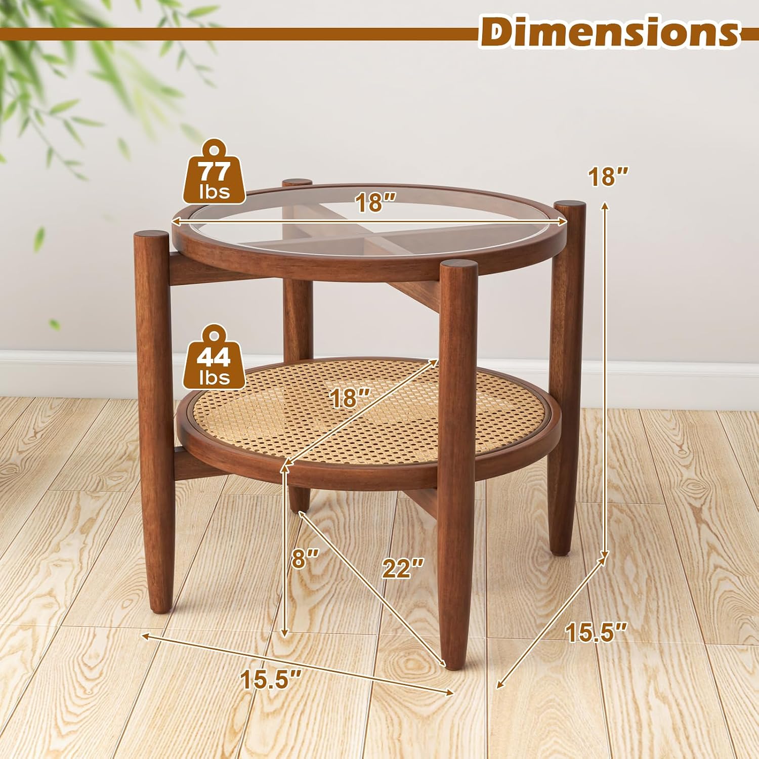 GOFLAME Round End Table, 2-Tier Sofa Side Table with Tempered Glass Tabletop & PE Rattan Storage Shelf, Accent Bedside Table, Nightstand with Wood Legs for Living Room, Bedroom, Small Space
