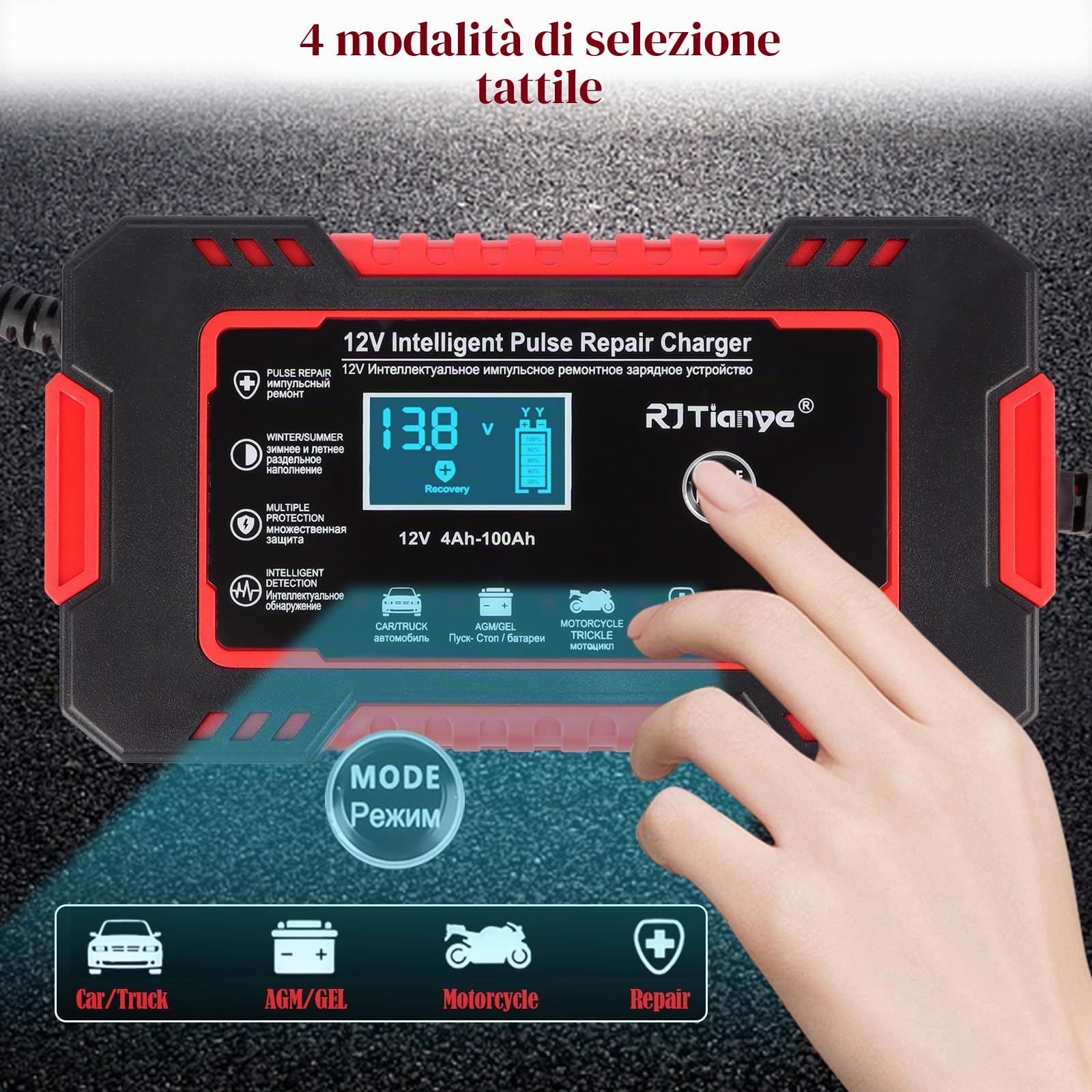 Carica Batteria per Auto 6A 12V, Caricabatterie Auto con Intelligente Schermo, Mantenitore Batteria Moto con Compensazione Della Temperatura, Carica Batteria Auto per Camion, Moto, Tosaerba, Barca