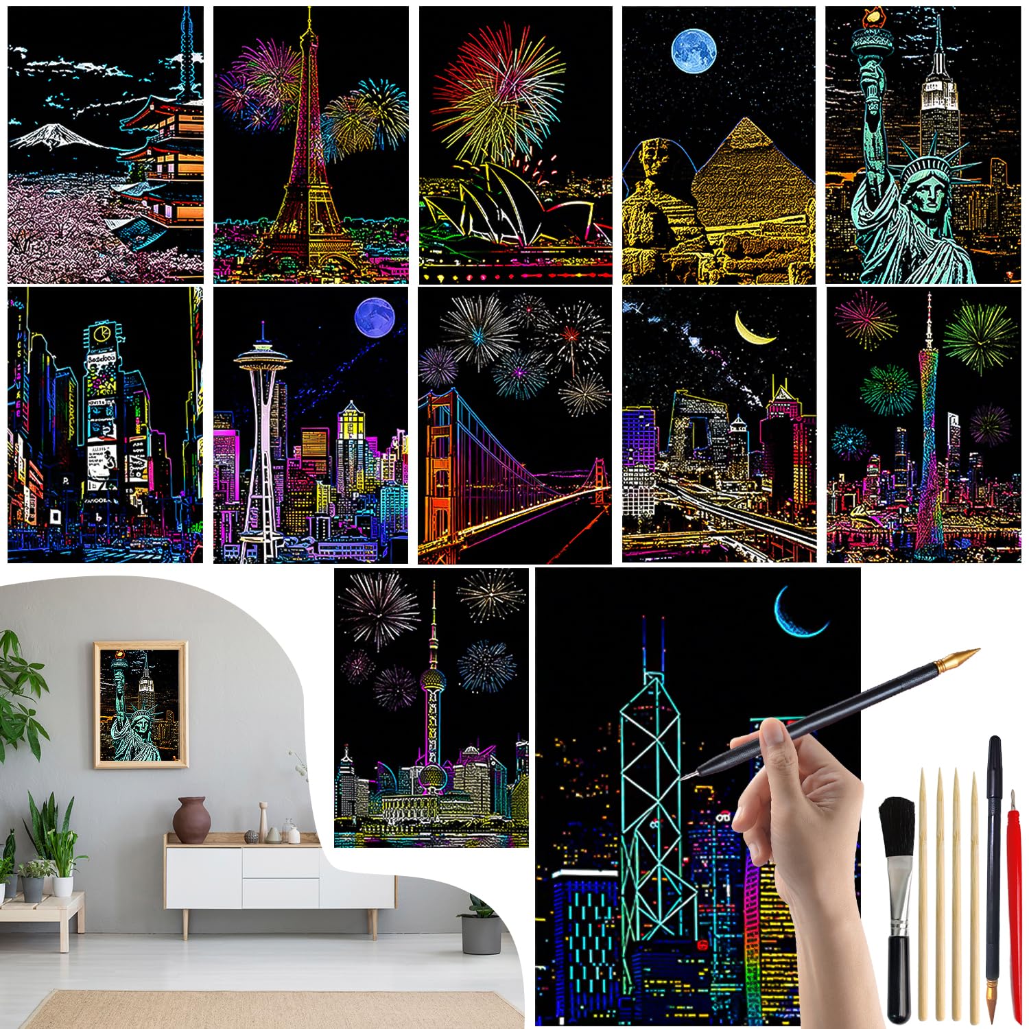 VLYX Scratch Art for Adults and Kids - 12 PCS Rainbow Scratch Notes Kit with Scratching Tools, Creative Art Supplies Children & AdultsCity Series