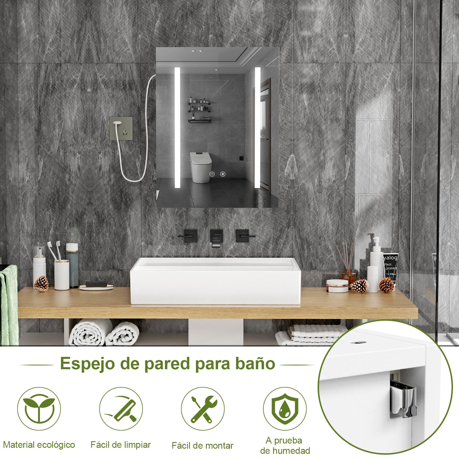 Armario Espejo baño con luz, Mueble de Baño, 3 Estantes Ajustable