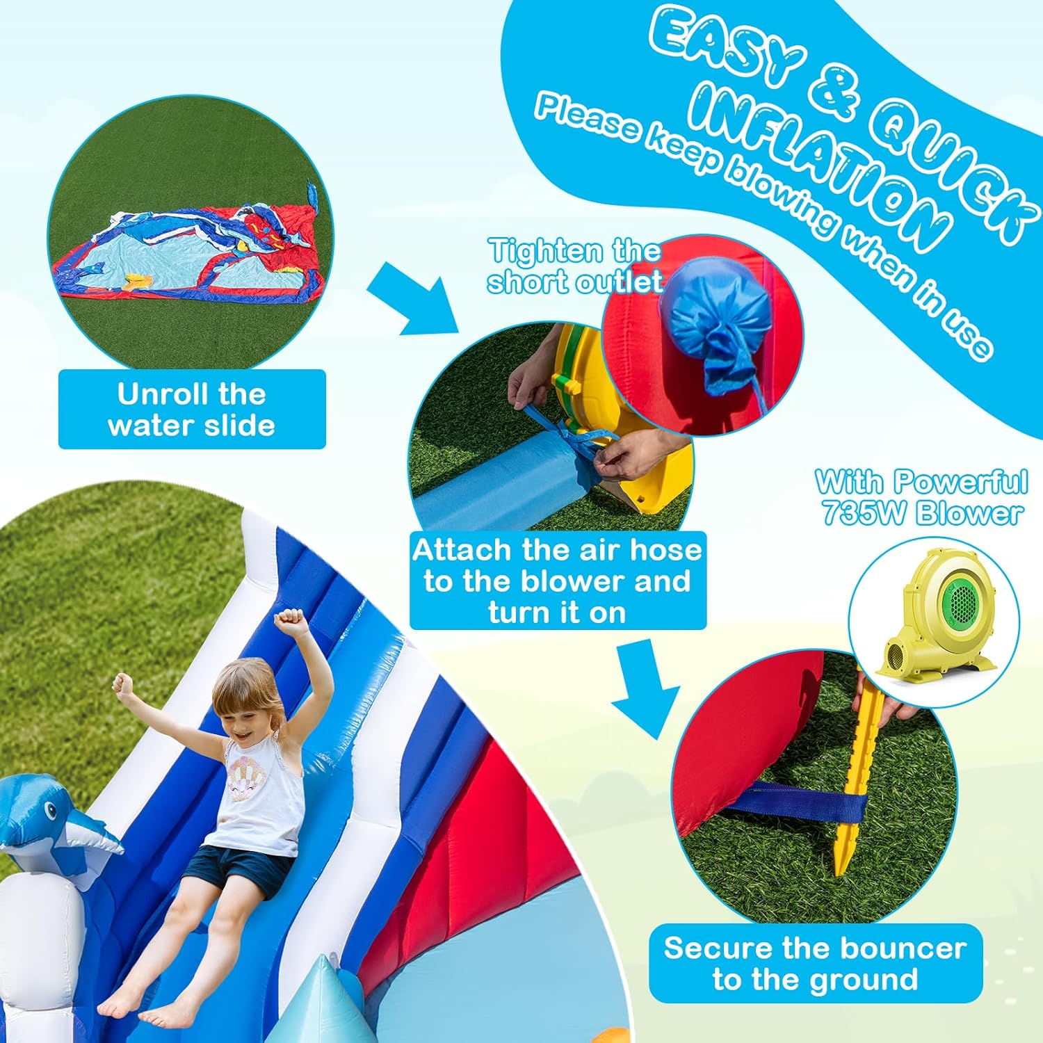 HONEY JOY Inflatable Water Slide, Dolphin Themed Waterslide Park for Kids Backyard, Long Slide, Climbing, Splashing Pool, Blow up Water Slides Inflatables for Kids and Adults(with 735w Blower)