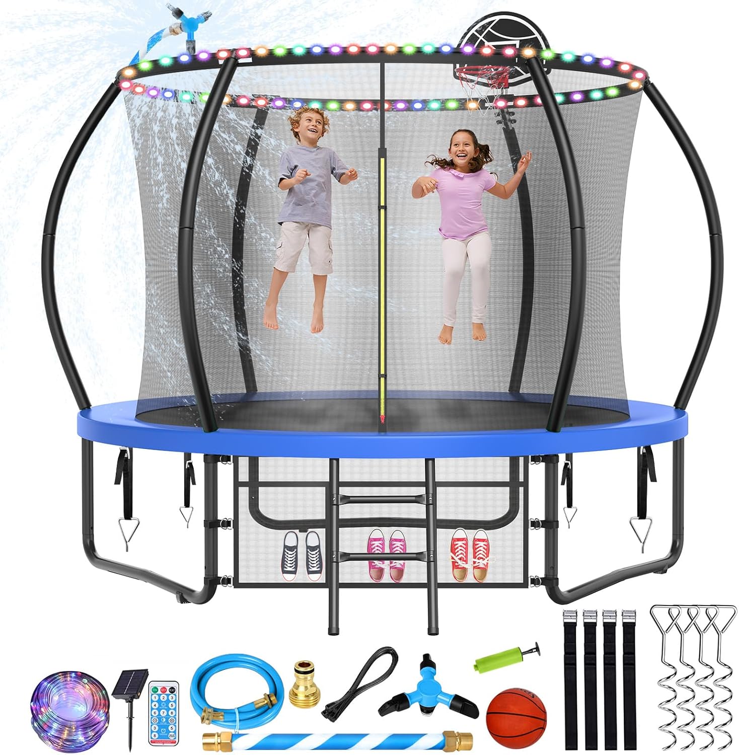 Large Outdoor Trampoline with Basketball Hoop, 10-16FT with Lights for Kids and Adults, Recreational Trampoline with Sprinkler and Stakes