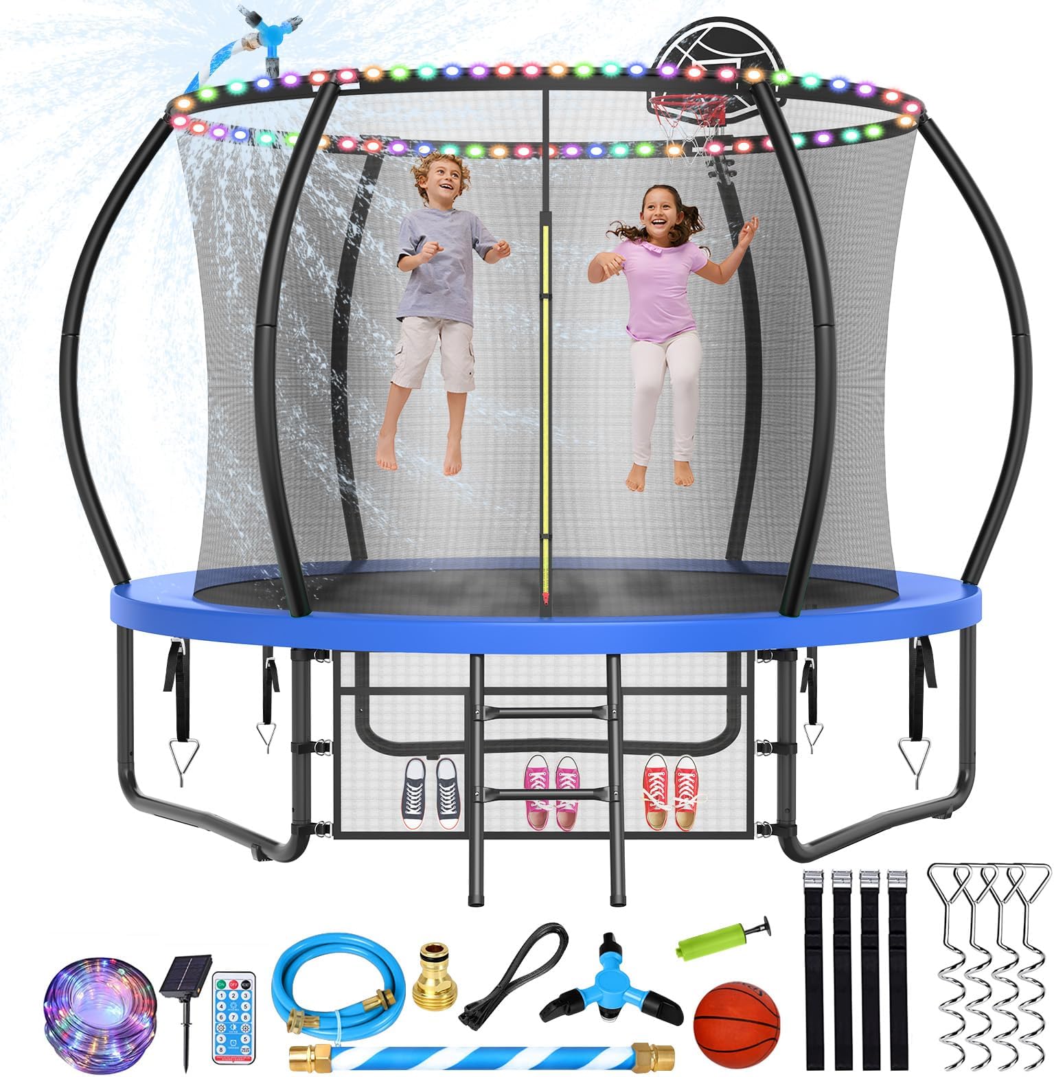 Large Outdoor Trampoline with Basketball Hoop, 10-16FT with Lights for Kids and Adults, Recreational Trampoline with Sprinkler and Stakes