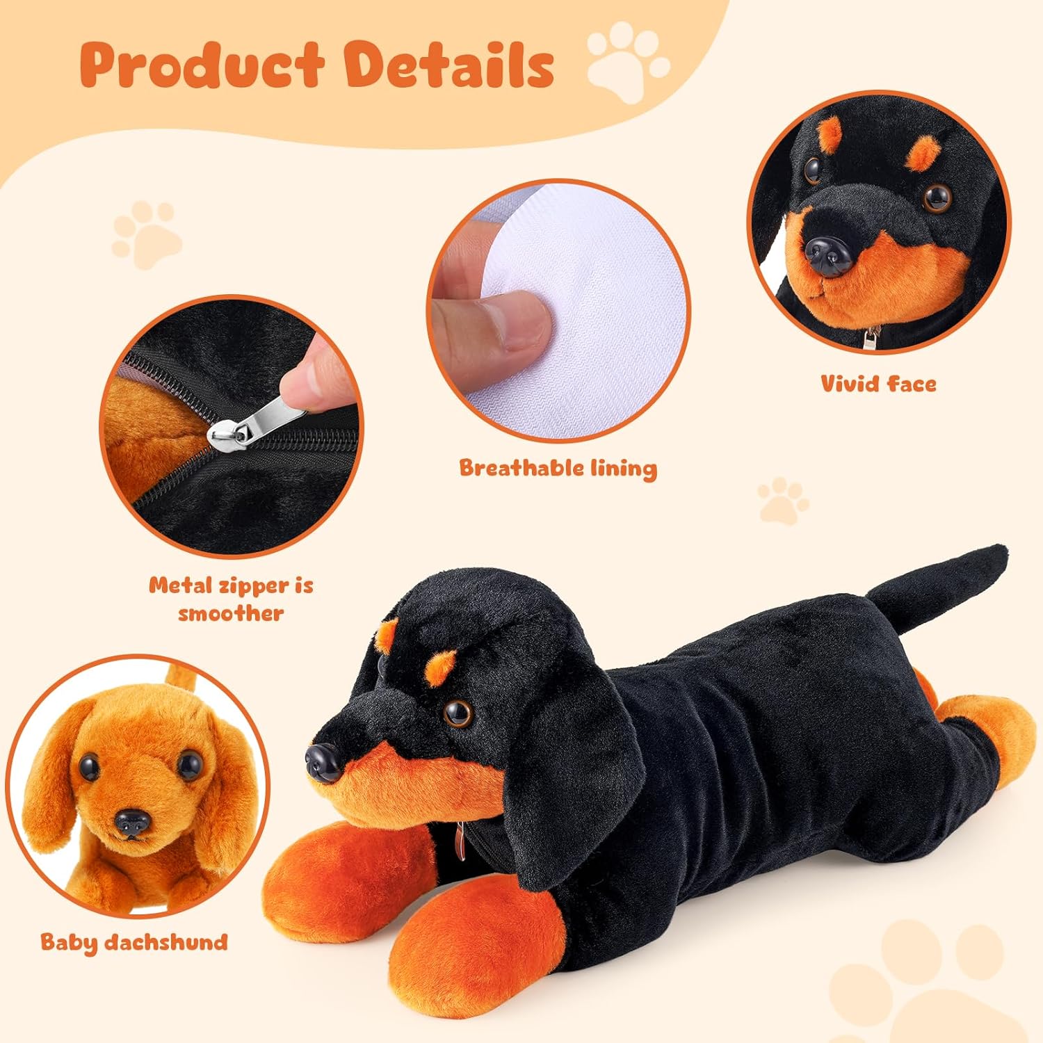 5 Pcs Dachshund Dog Plush Mommy Stuffed Animal with Baby Plush Sausage Dog Soft for Christmas Girls Birthday Xmas Bedtime Gift Chair Bolster Nursery Decor(Lying Dachshund)