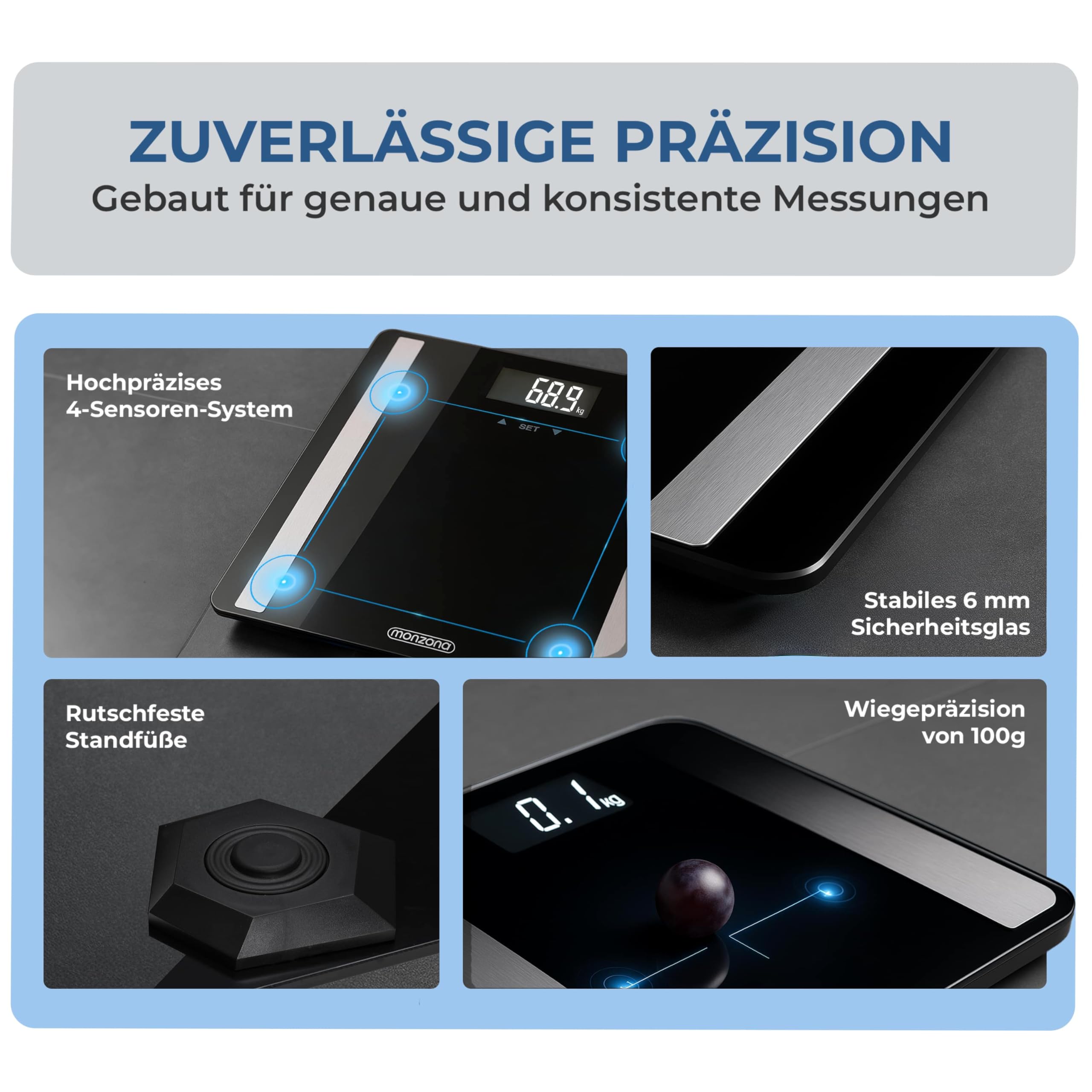MONZANA® Personenwaage Digital BIA Analyse Waage Körperfett Muskelmasse für 10 Nutzer-Profile Große Trittfläche 30x30cm Fitness Körperwaage bis 180kg