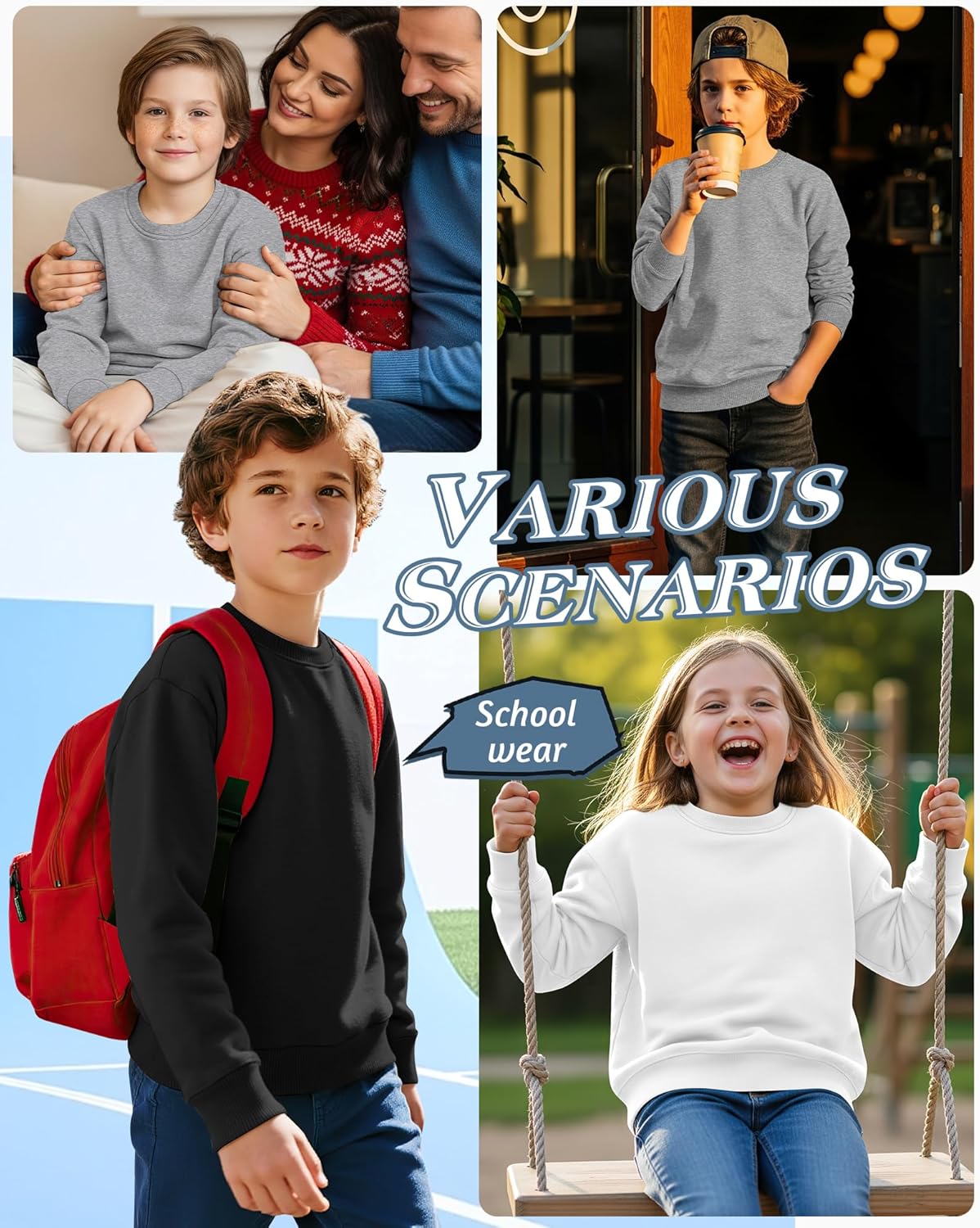 3 Pack Boys Crew Neck Sweatshirt Kids Lightweight Long Sleeve Relaxed Pullover Youth Basic Spring Sweatshirt - Image 3