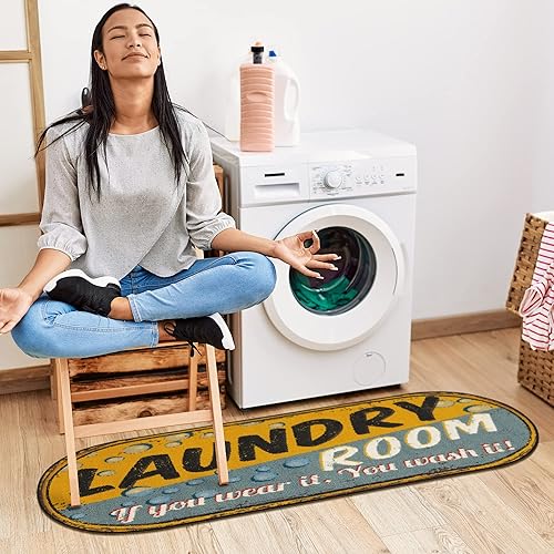 Miniatura 8 de Ottomanson Laundry Collection - Tapete largo con diseño de borde, texto Laundry (lavandería) y respaldo antideslizante de caucho, 2x5, 20 x 59