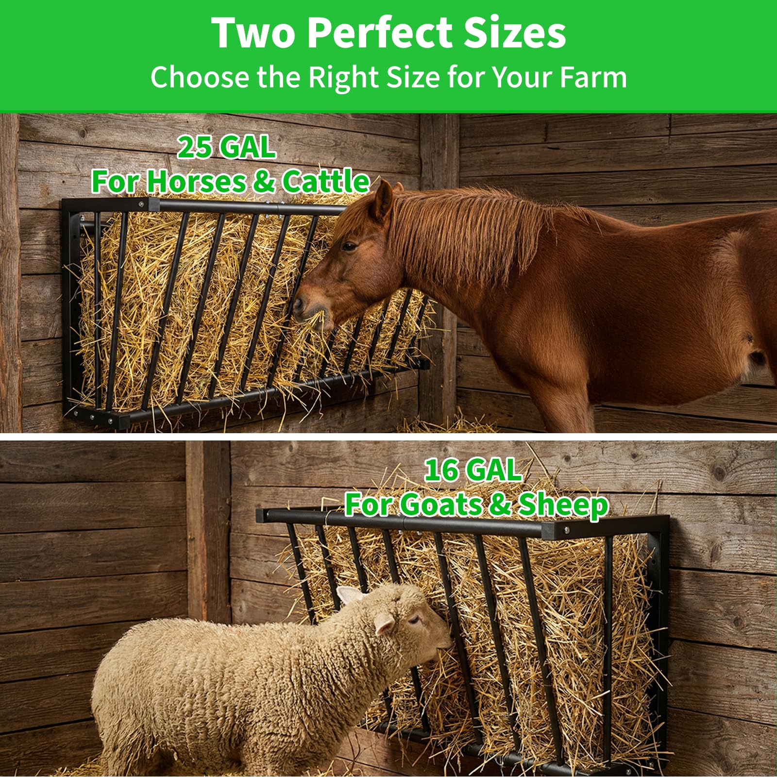 Wall Mount Hay Rack for Goats, Sheep, Horses – Heavy Duty 25 Gallon Livestock Hay Feeder, Hanging Blanket Holder with Rust Resistant Coating, Space Saving Farm Goat Feeder for Indoor, Outdoor Use - image 8