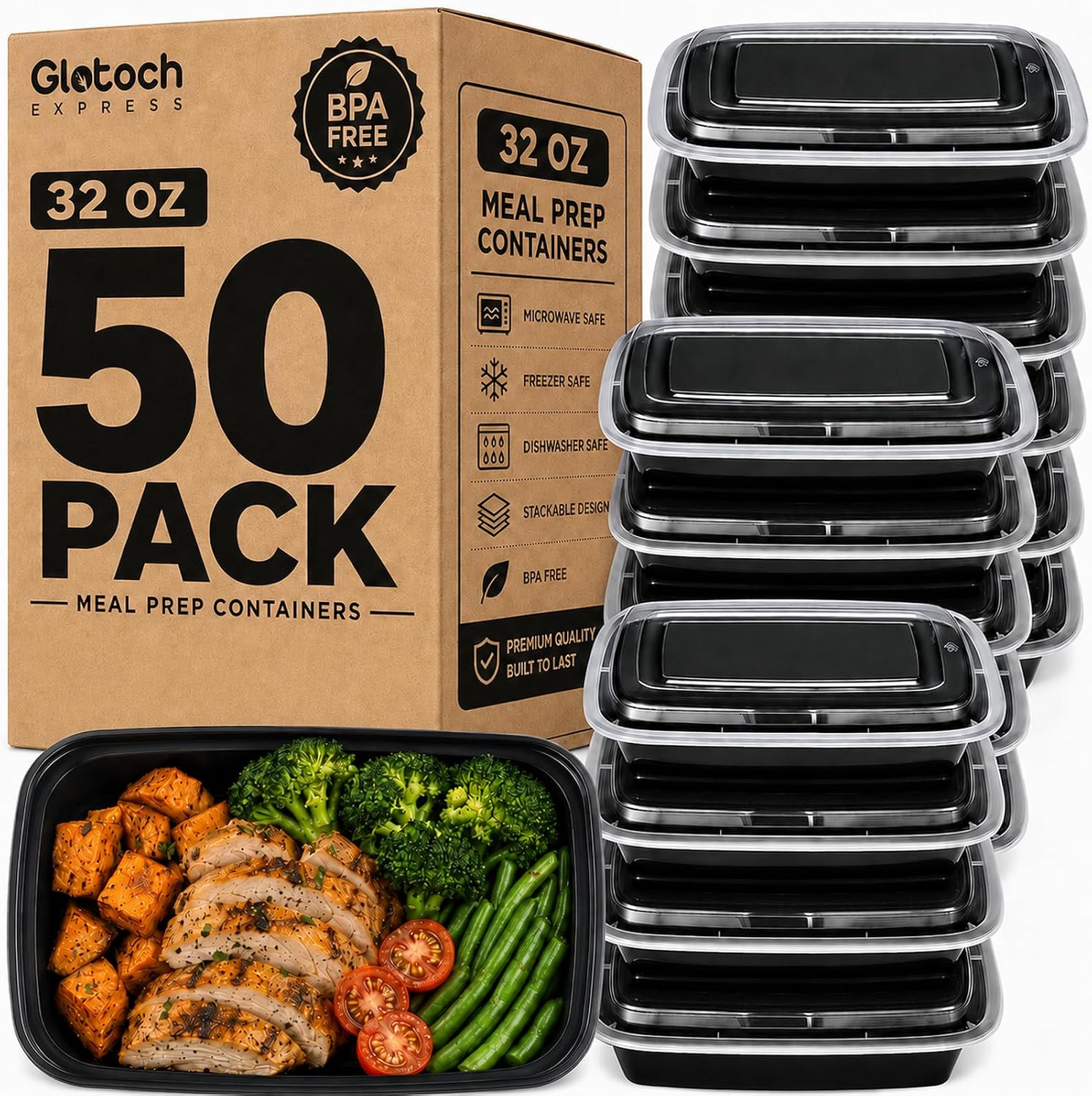 Glotoch Meal Prep Containers 32oz 50 Pack(100 Piece) with Lids, Plastic Food Storage Containers Reusable, Bento Boxes for Portion Control,Takeout, Lunch, Salad, Microwave/Freezer/Dishwasher safe