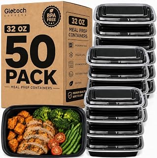 Glotoch Meal Prep Containers 32oz 50 Pack(100 Piece) with Lids, Plastic Food Storage Containers Reusable, Bento Boxes for Portion Control,Takeout, Lunch, Salad, Microwave/Freezer/Dishwasher safe