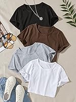 Vista 5 de SOLY HUX Camiseta de manga corta con cuello redondo para niña, 4 piezas, camisetas cortas de verano