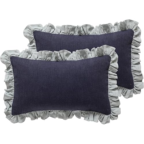 patdrea Blue Decorative Throw Pillow Covers 12x20 Set of 2, Farmhouse Linen Pillow Covers with Ruffles, Square Sturdy Throw Pillow Case for Couch Sofa Bed Living Room