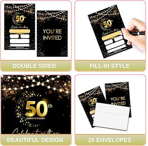 Miniatura 3 de Tarjetas de invitaciones de 50 aniversario, invitaciones de aniversario de boda con purpurina negra y dorada con sobres, tarjetas de invitaciones