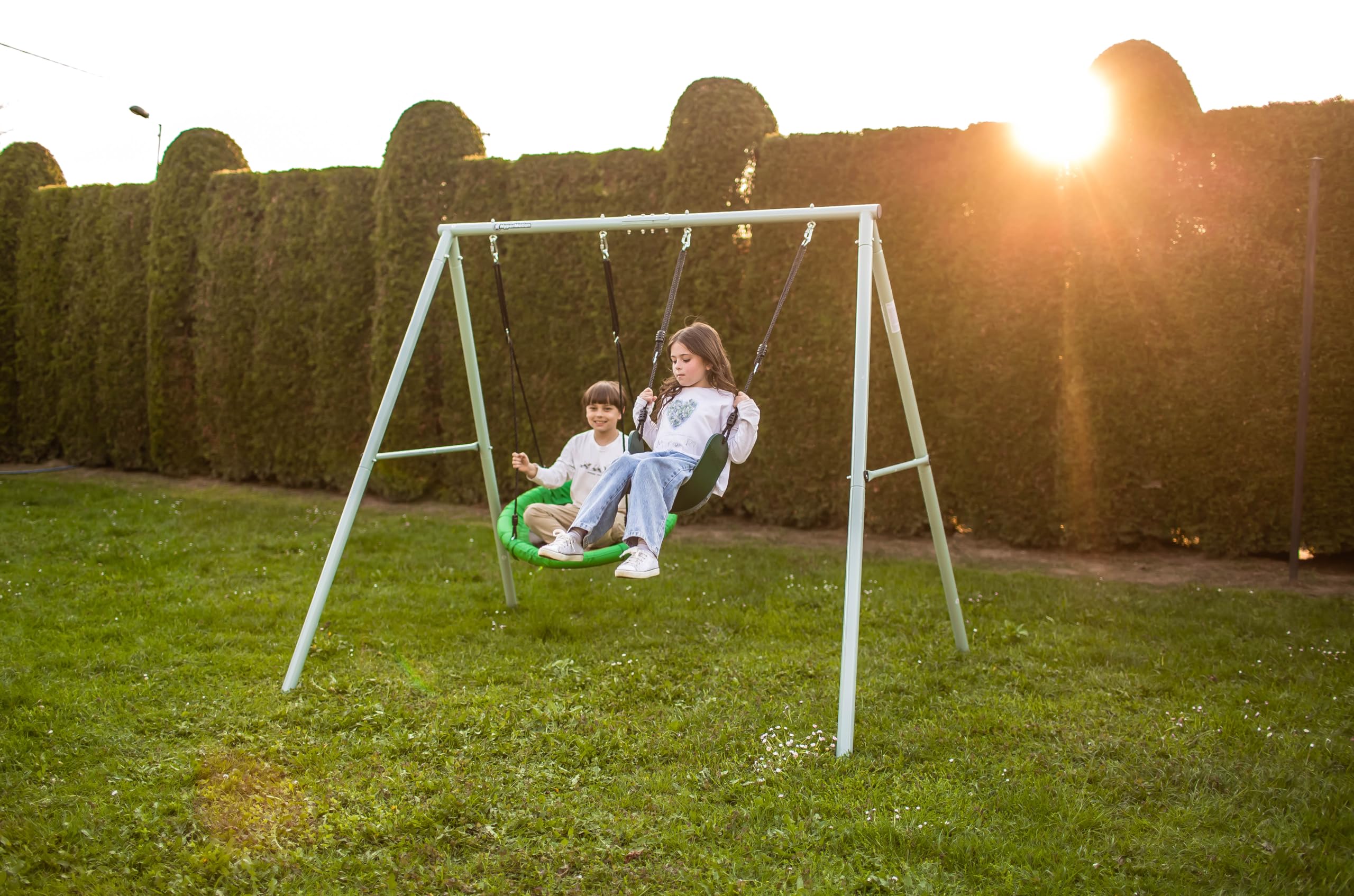HyperMotion Columpio Infantil Doble para Jardín Exterior - Asiento y Nido de Cigüeña Ajustable con Estructura en A - para 2-3 Niños, Carga 200kg, Resistente UV
