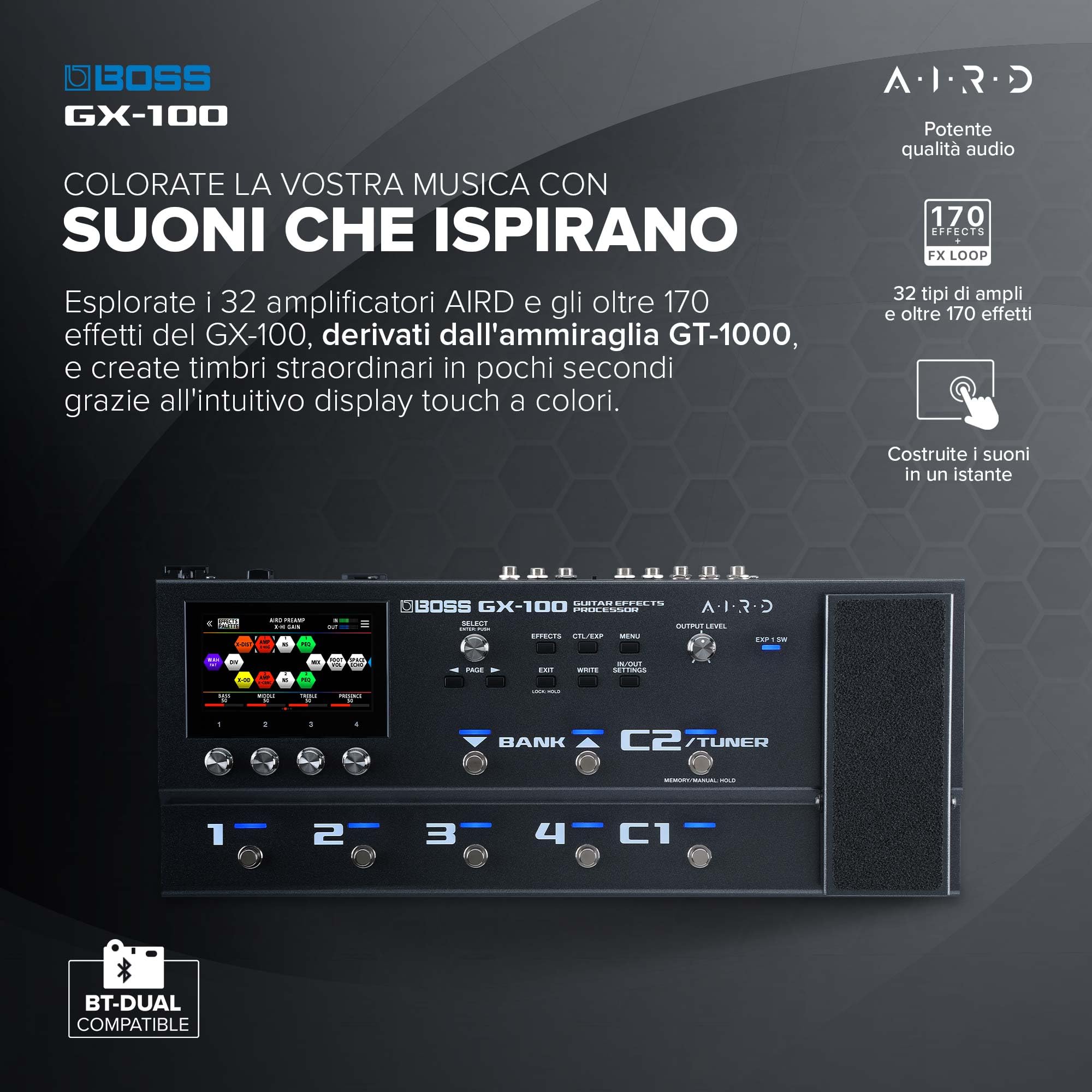 BOSS GX-100 | Processore di effetti per chitarra avanzato | Il vero suono degli ampli valvolari con la tecnologia AIRD | 32 tipi di ampli e oltre 170 effetti BOSS derivati dal top di gamma GT-1000