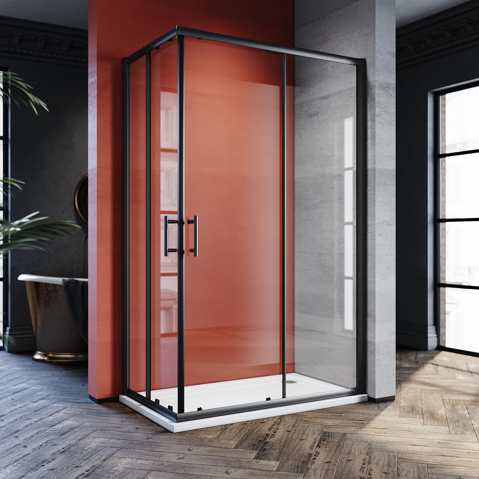 SONNI Puerta de ducha de 80 x 120 cm, color negro, cristal de seguridad, puerta corredera, mampara de ducha